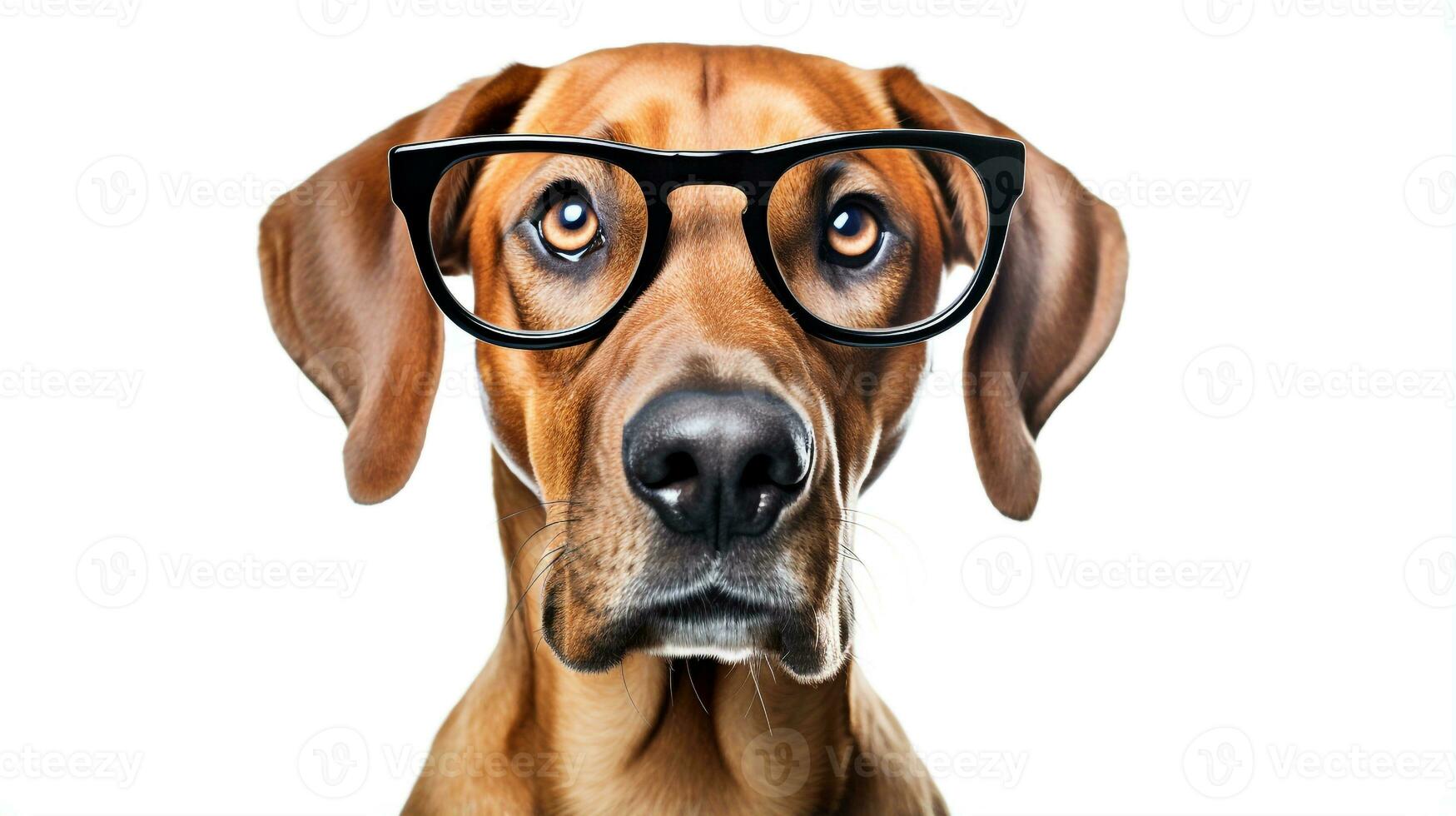 Photo of a Rhodesian Ridgeback dog using eyeglasses isolated on white background. Generative AI