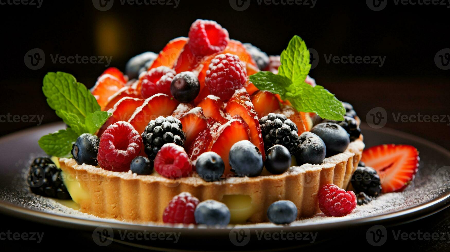 Photo of Fresh Fruit Tart as a dish in a high-end restaurant. Generative AI