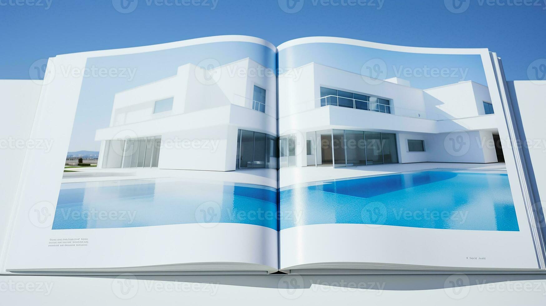 Open magazine with modern and minimalist building and blue sky. 3d rendering. photo