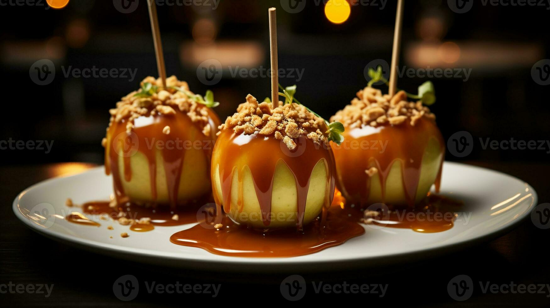 Photo of Caramel Apples as a dish in a high-end restaurant. Generative AI