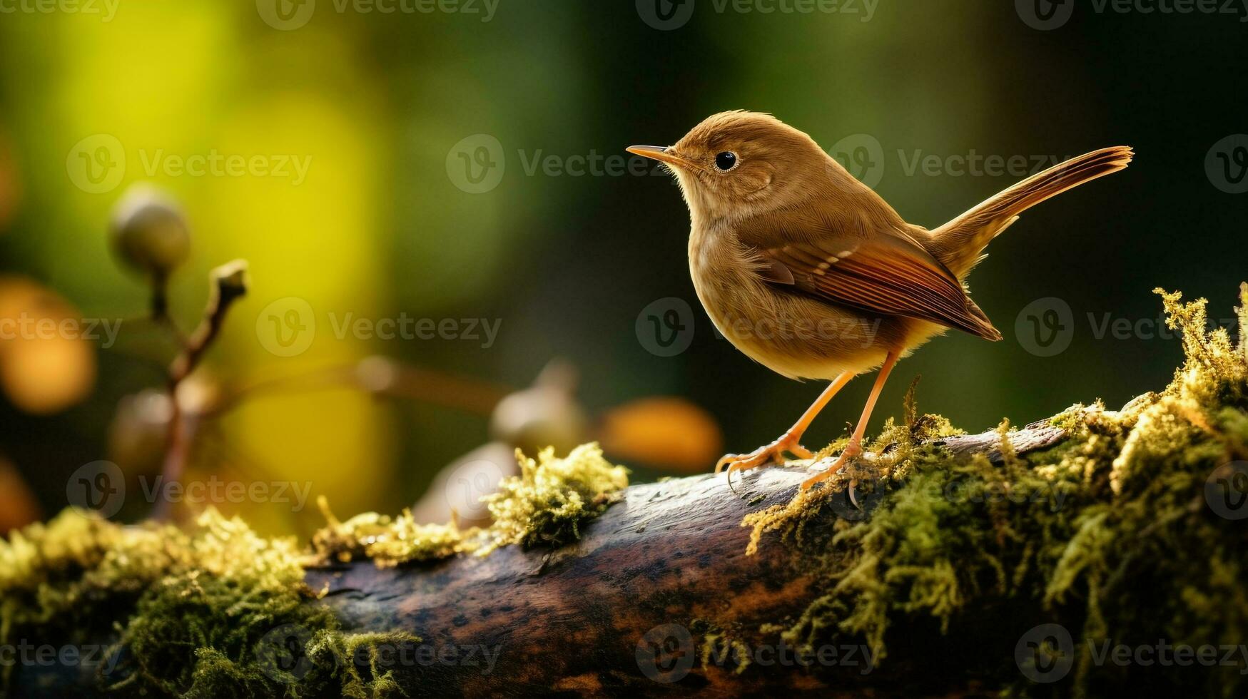 Photo of a Nightingale standing on a fallen tree branch at morning. Generative AI