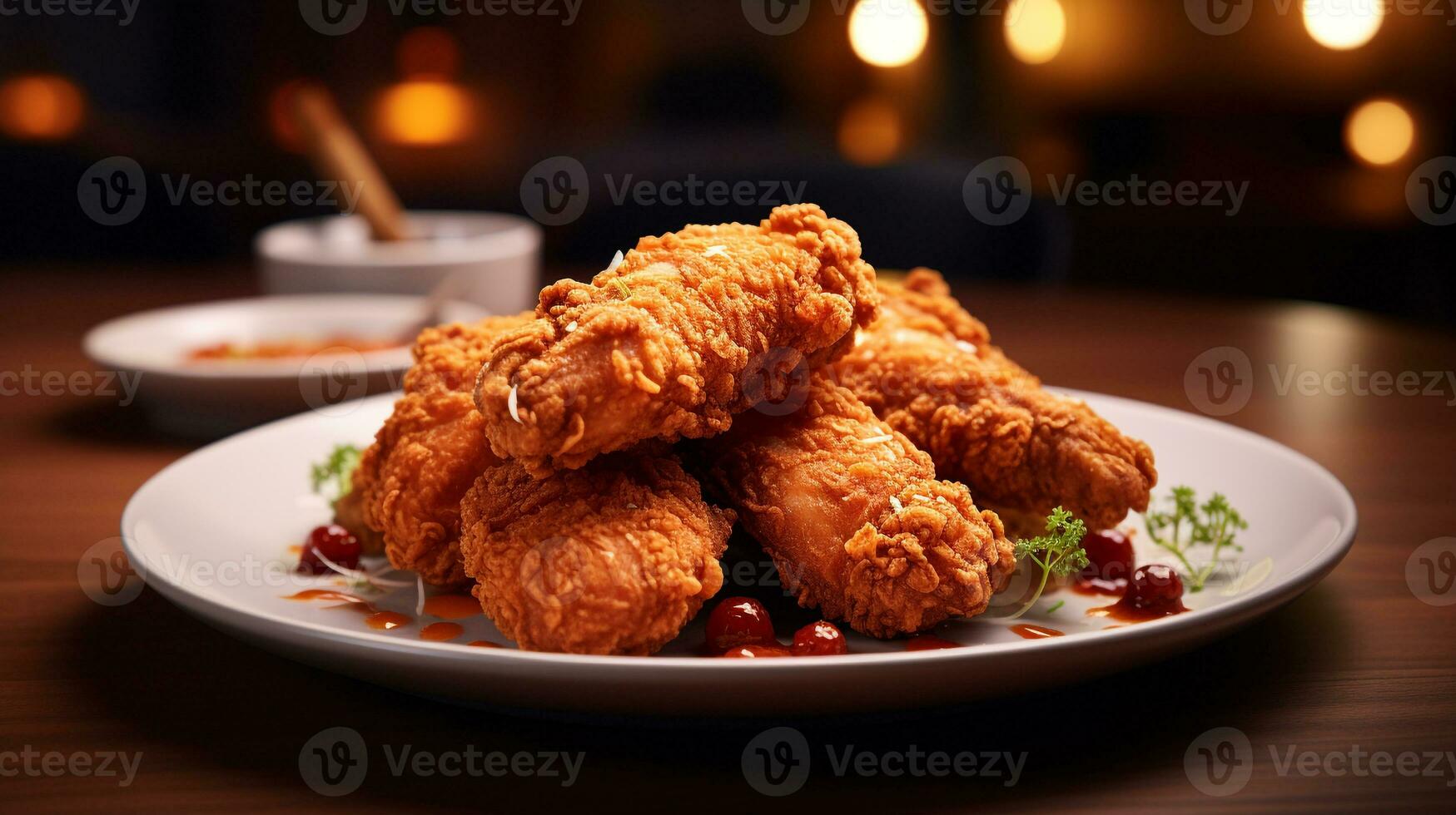 Photo of Fried Chicken as a dish in a high-end restaurant. Generative AI
