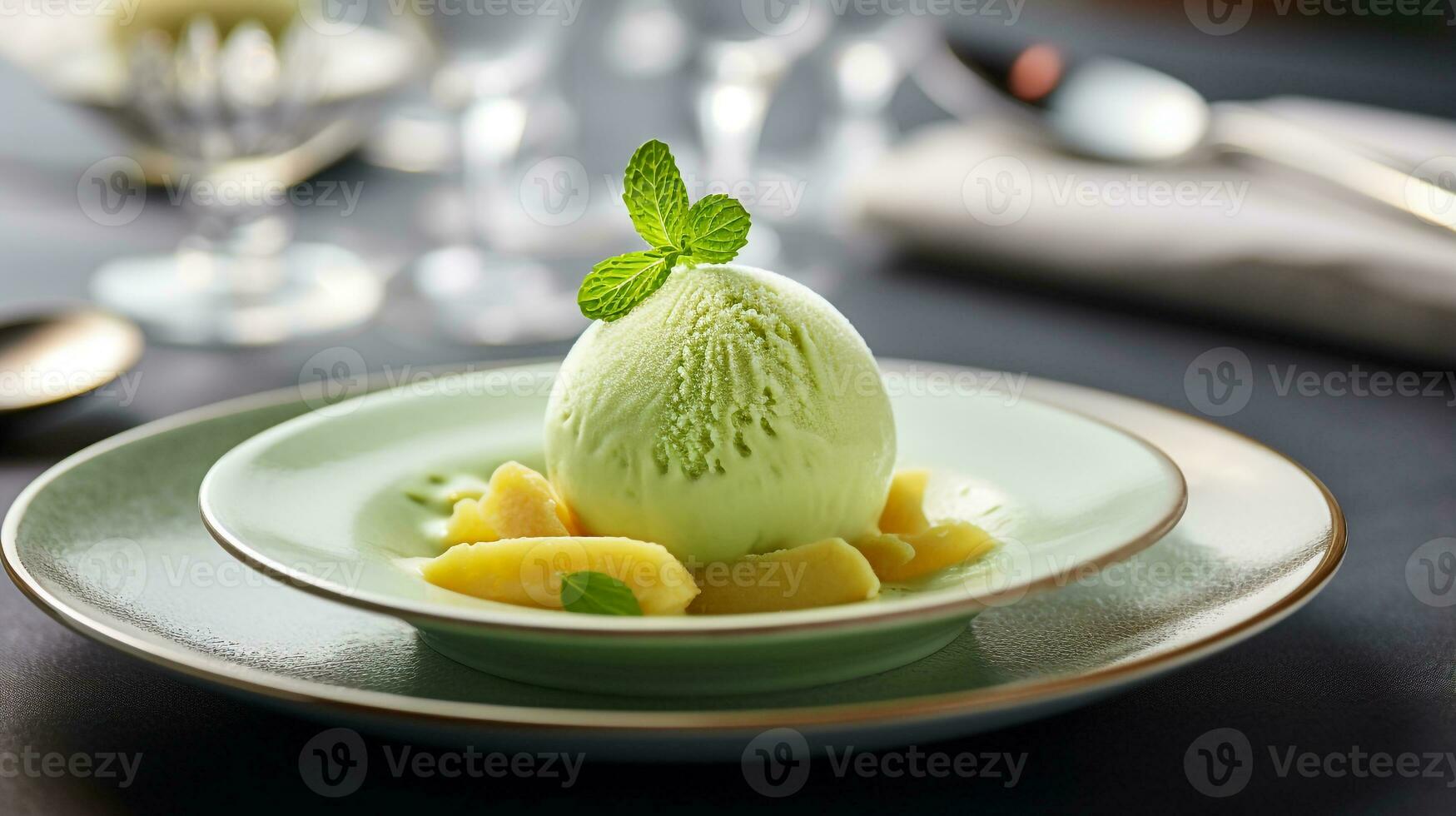 foto de gotas de miel sorbete como un plato en un gama alta restaurante. generativo ai