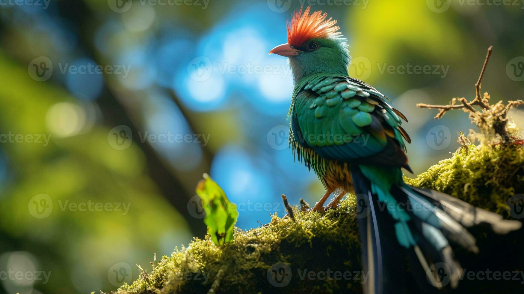 Photo of Quetzal in ther forest with blue sky. Generative AI