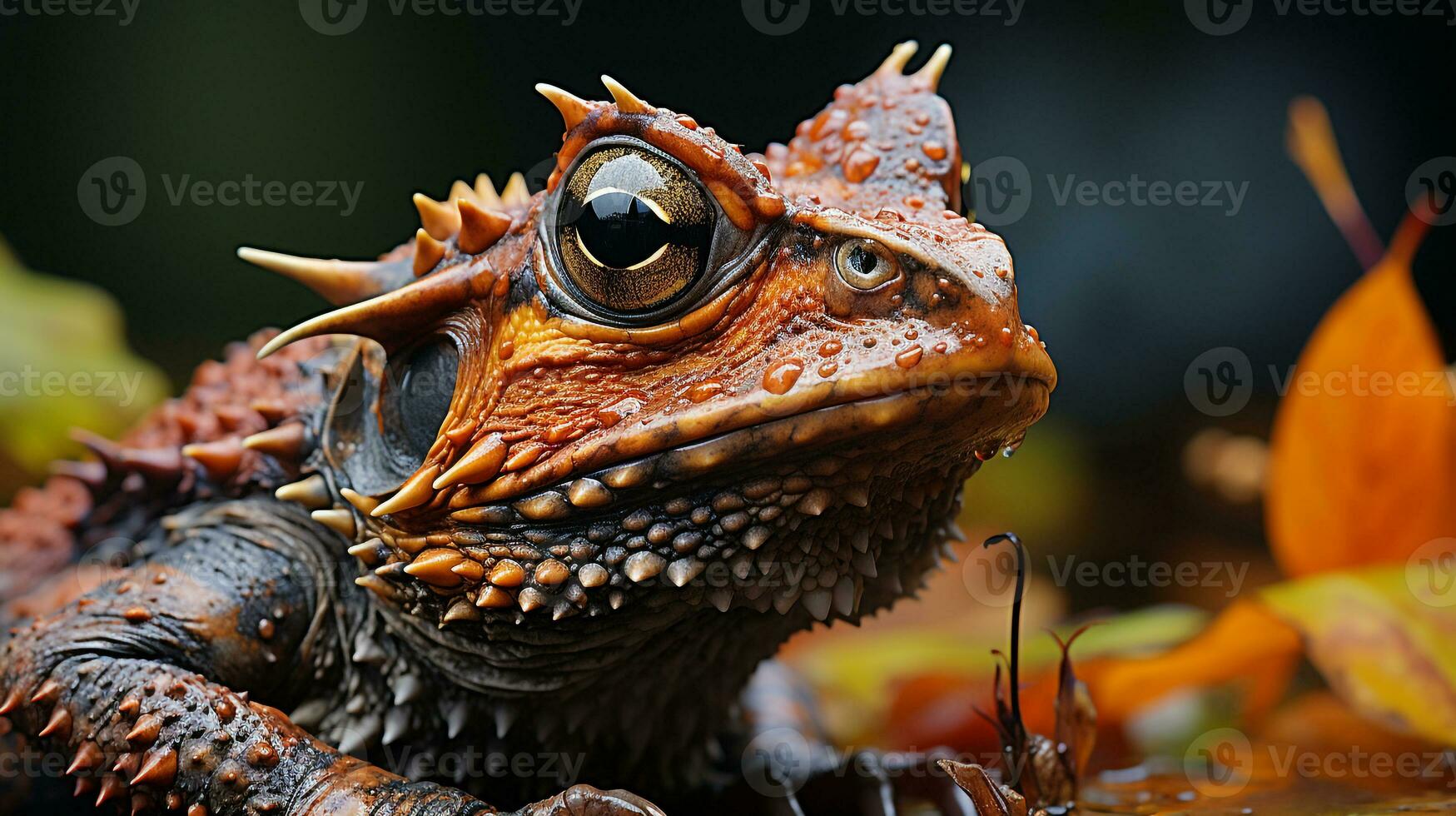 Close-up photo of a Horned Toad looking in their habitat. Generative AI