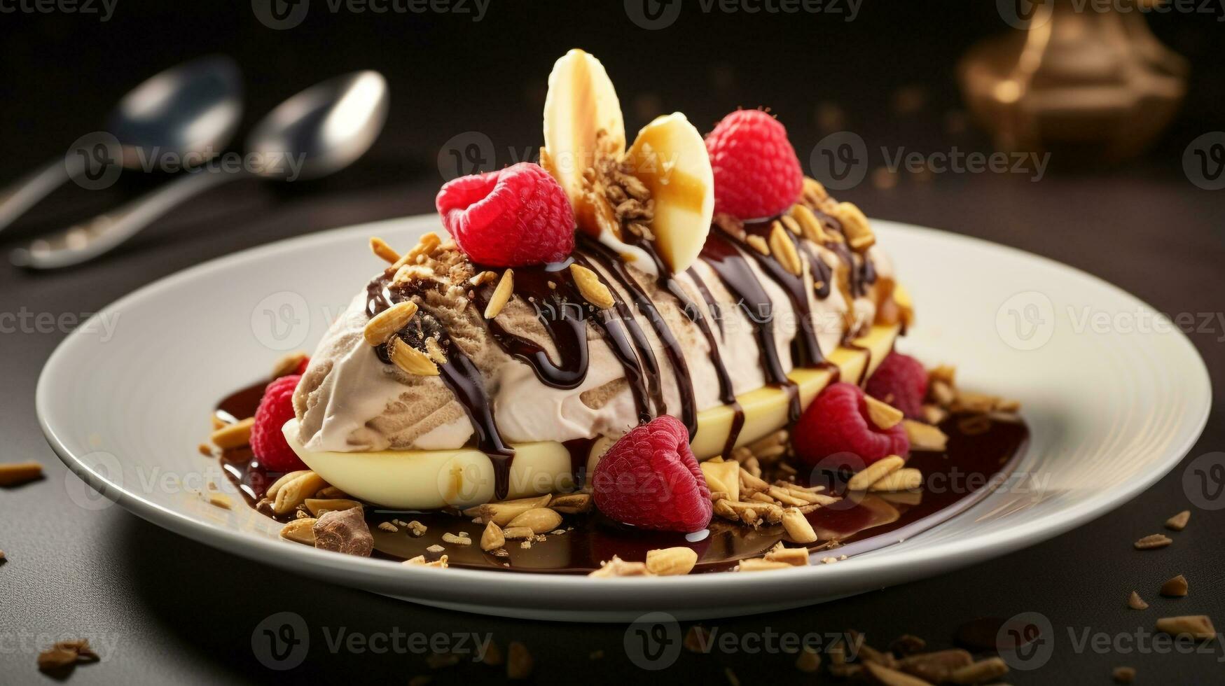 Photo of Banana Split as a dish in a high-end restaurant. Generative AI
