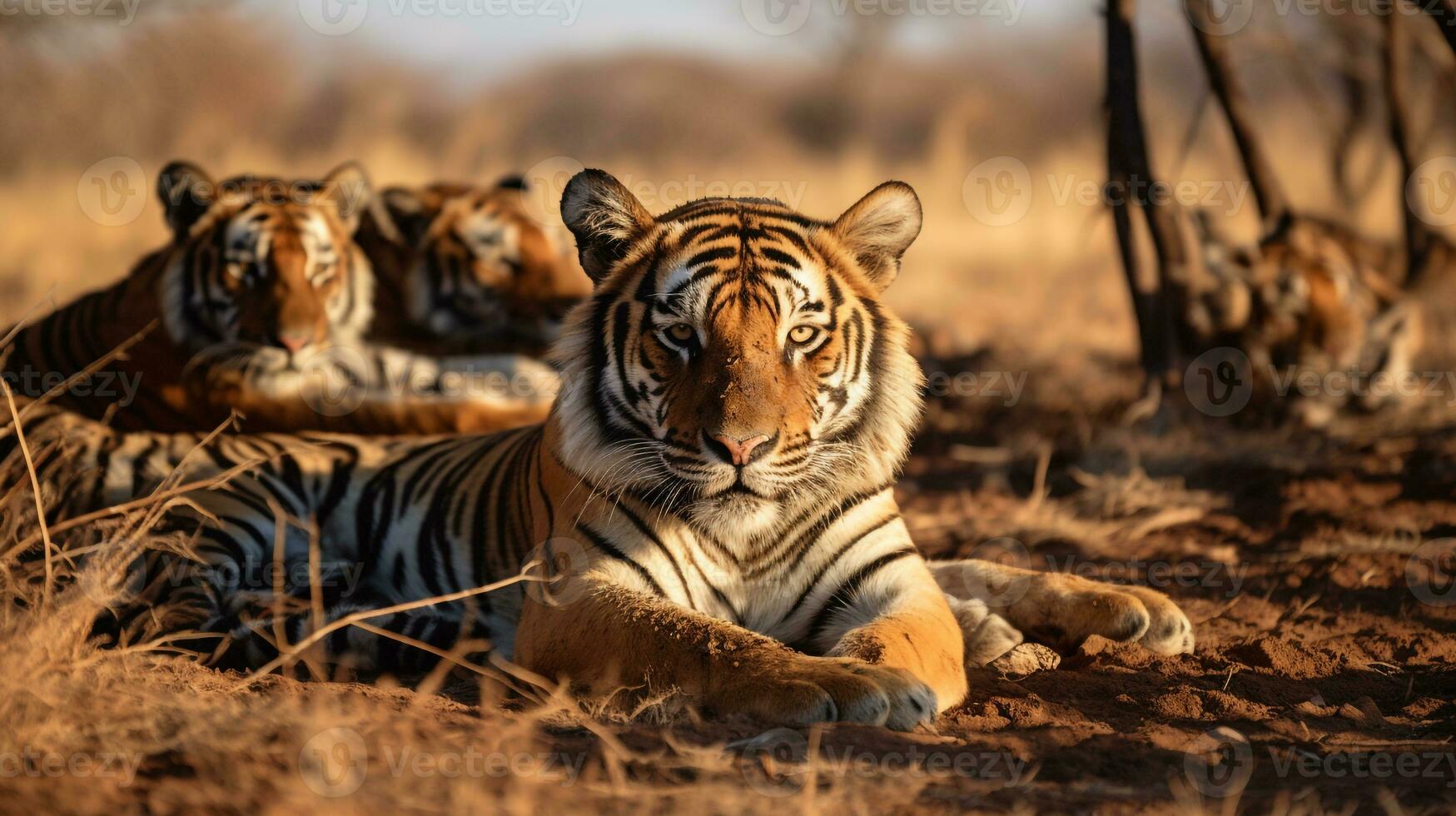 Photo of a herd of Tiger resting in an open area on the Savanna. Generative AI