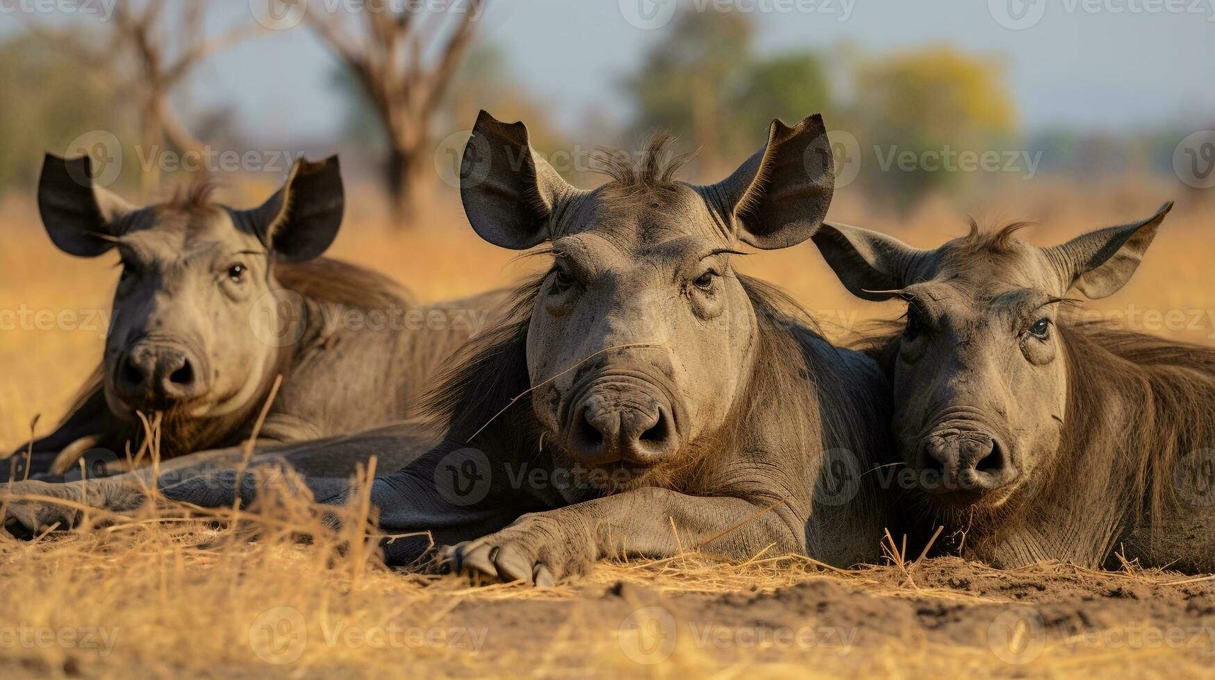 Photo of a herd of Warthog resting in an open area on the Savanna. Generative AI