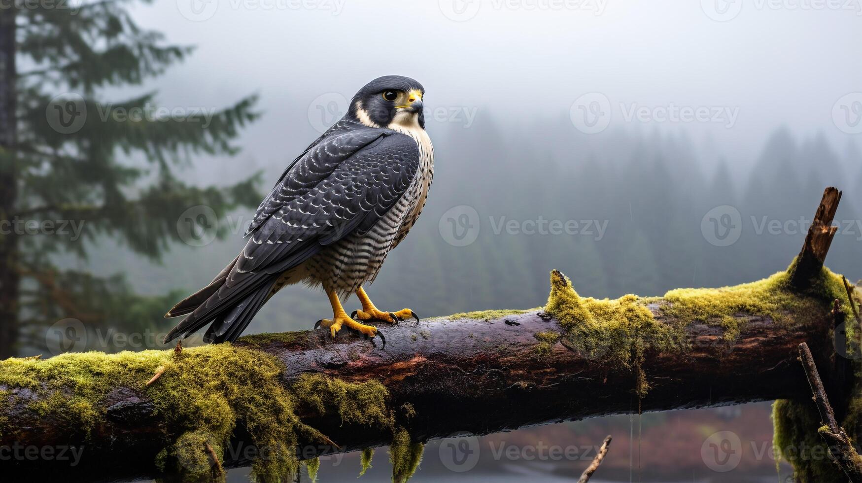 Photo of a Peregrine Falcon standing on a fallen tree branch at morning. Generative AI