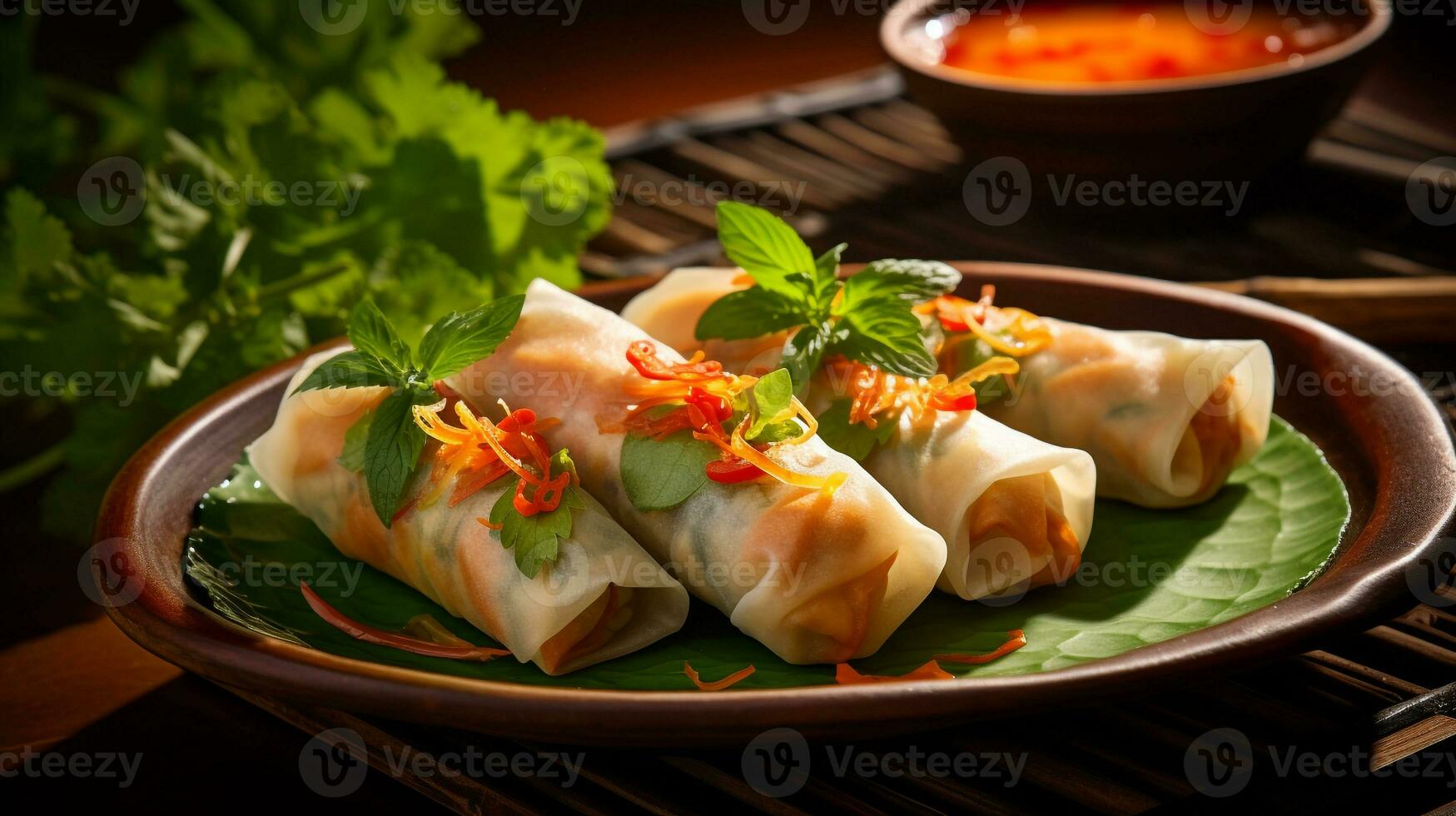 Photo of Thai Spring Rolls as a dish in a high-end restaurant. Generative AI