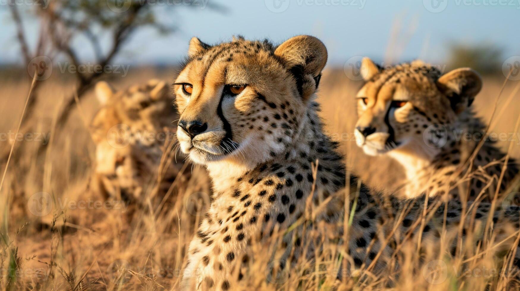 Photo of a herd of Cheetah resting in an open area on the Savanna. Generative AI