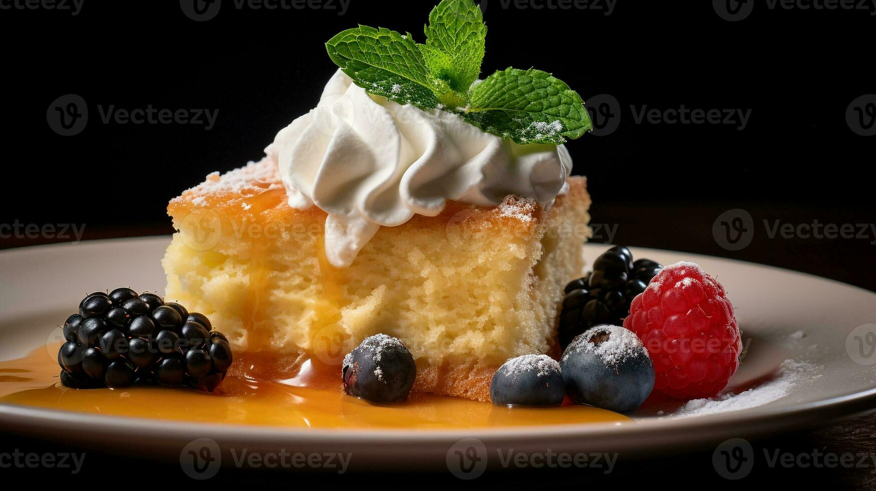 Photo of Tres Leches Cake as a dish in a high-end restaurant. Generative AI