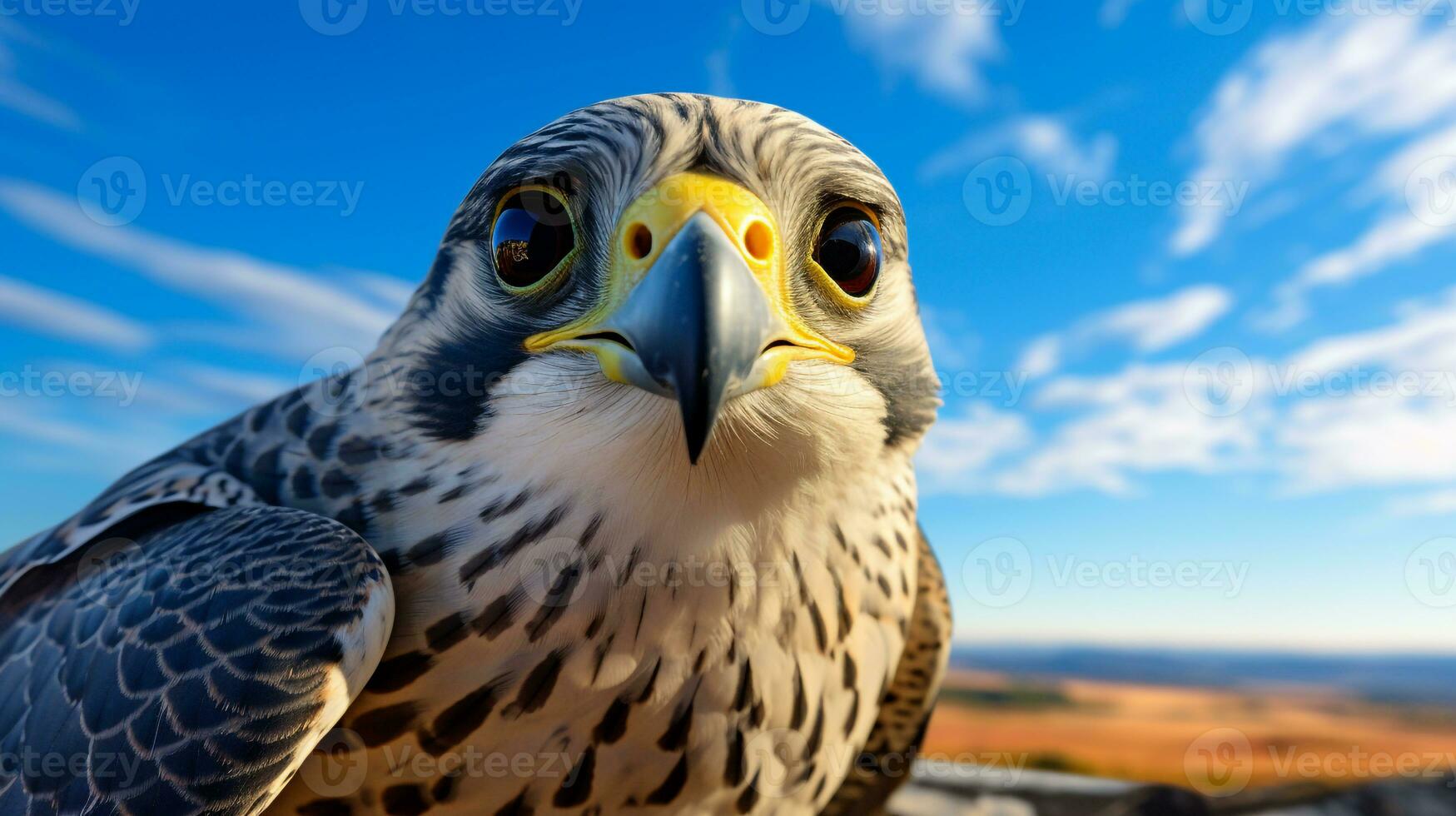 Photo of a Falcon under Blue Sky. Generative AI