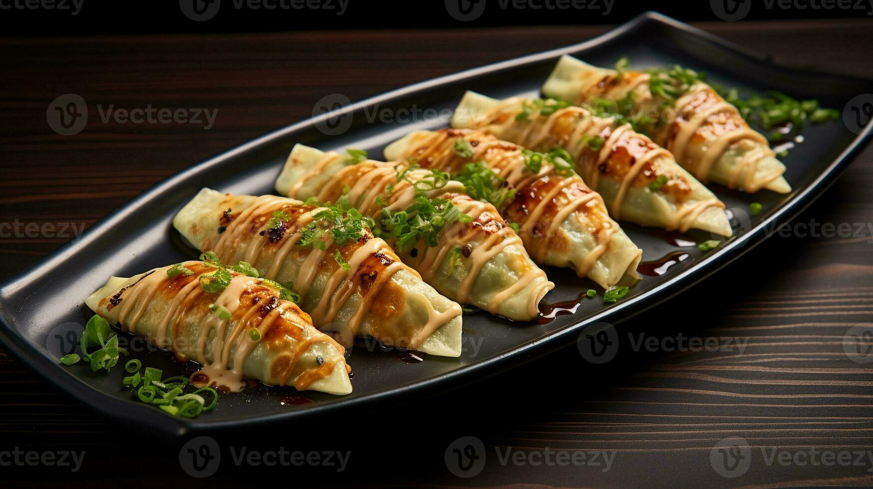 Photo of Gyoza as a dish in a high-end restaurant. Generative AI