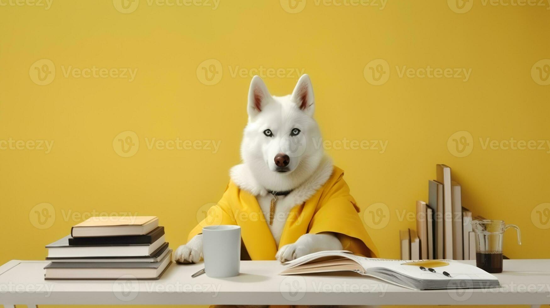 a siberian husky dog sits studying accompanied by a cup and piles of books. Generative AI photo