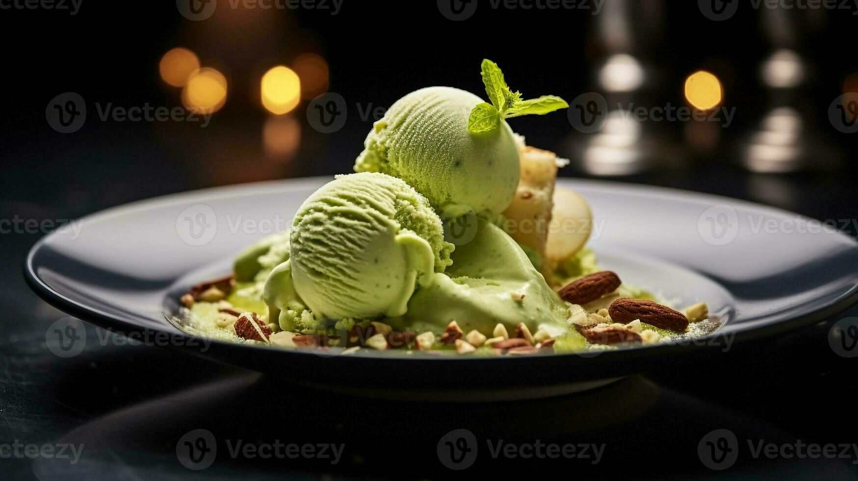 Photo of Pistachio Gelato as a dish in a high-end restaurant. Generative AI