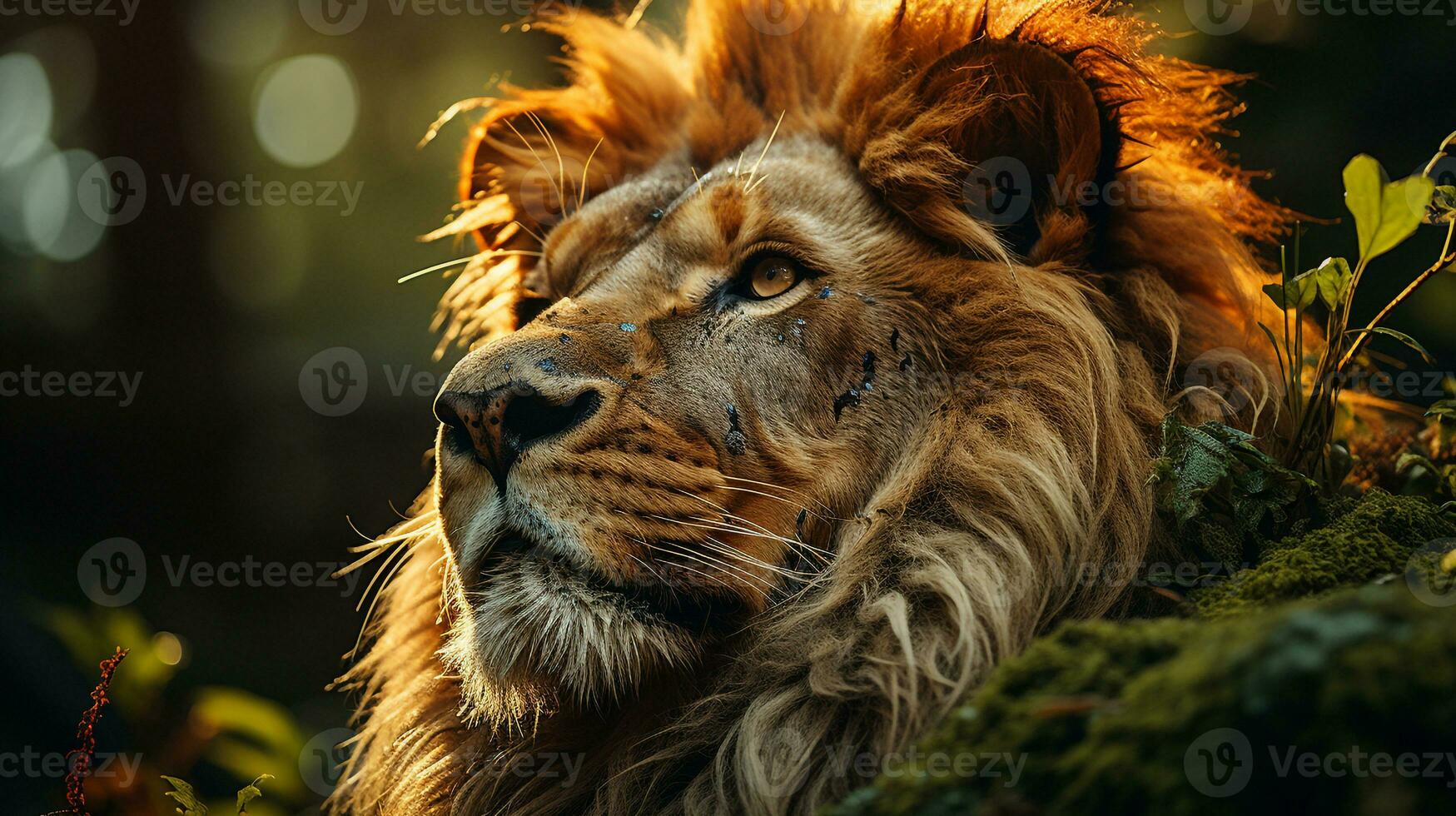Close-up photo of a Lion looking any direction on jungle. Generative AI