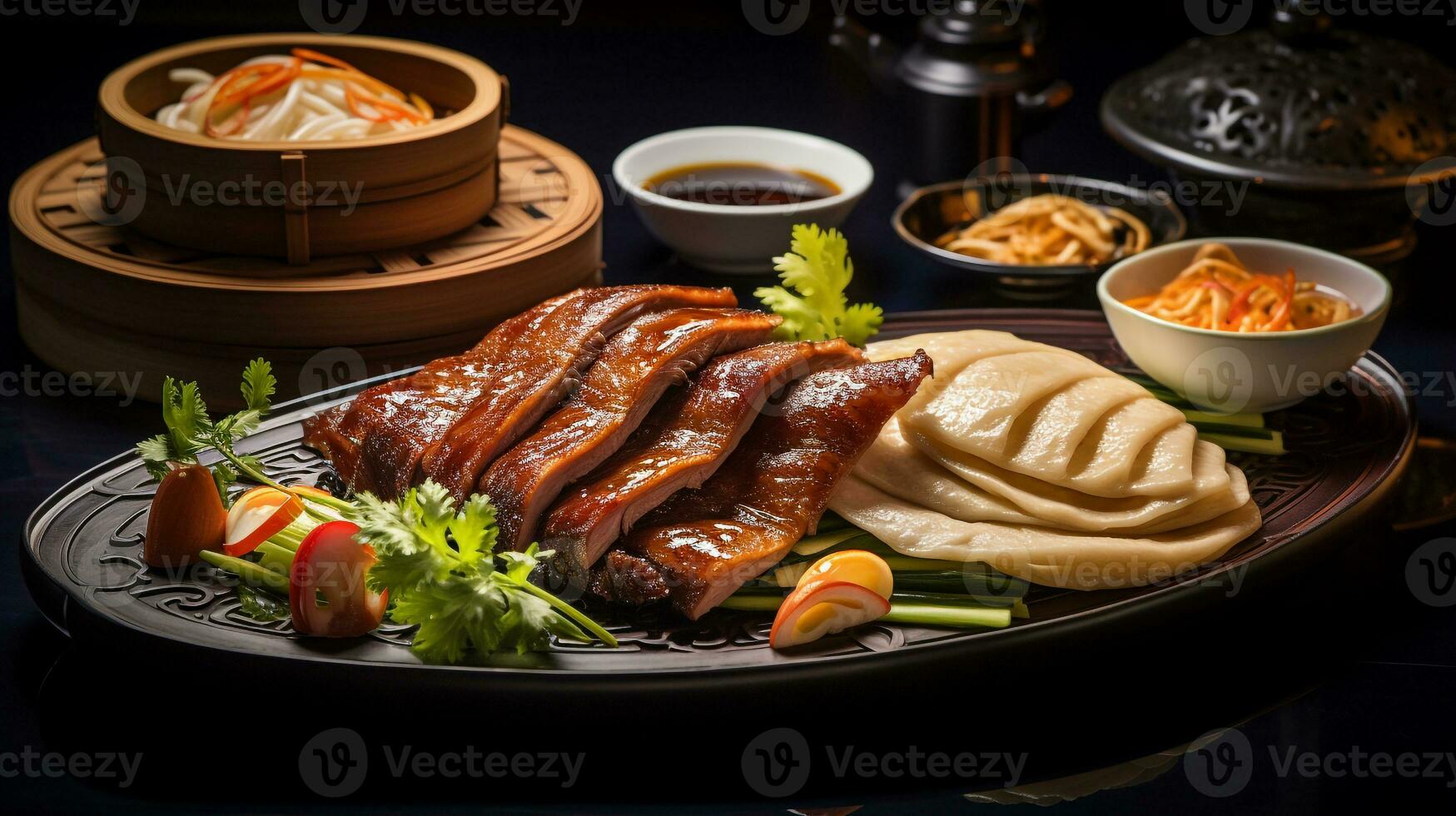 foto de Pekín Pato como un plato en un gama alta restaurante. generativo ai