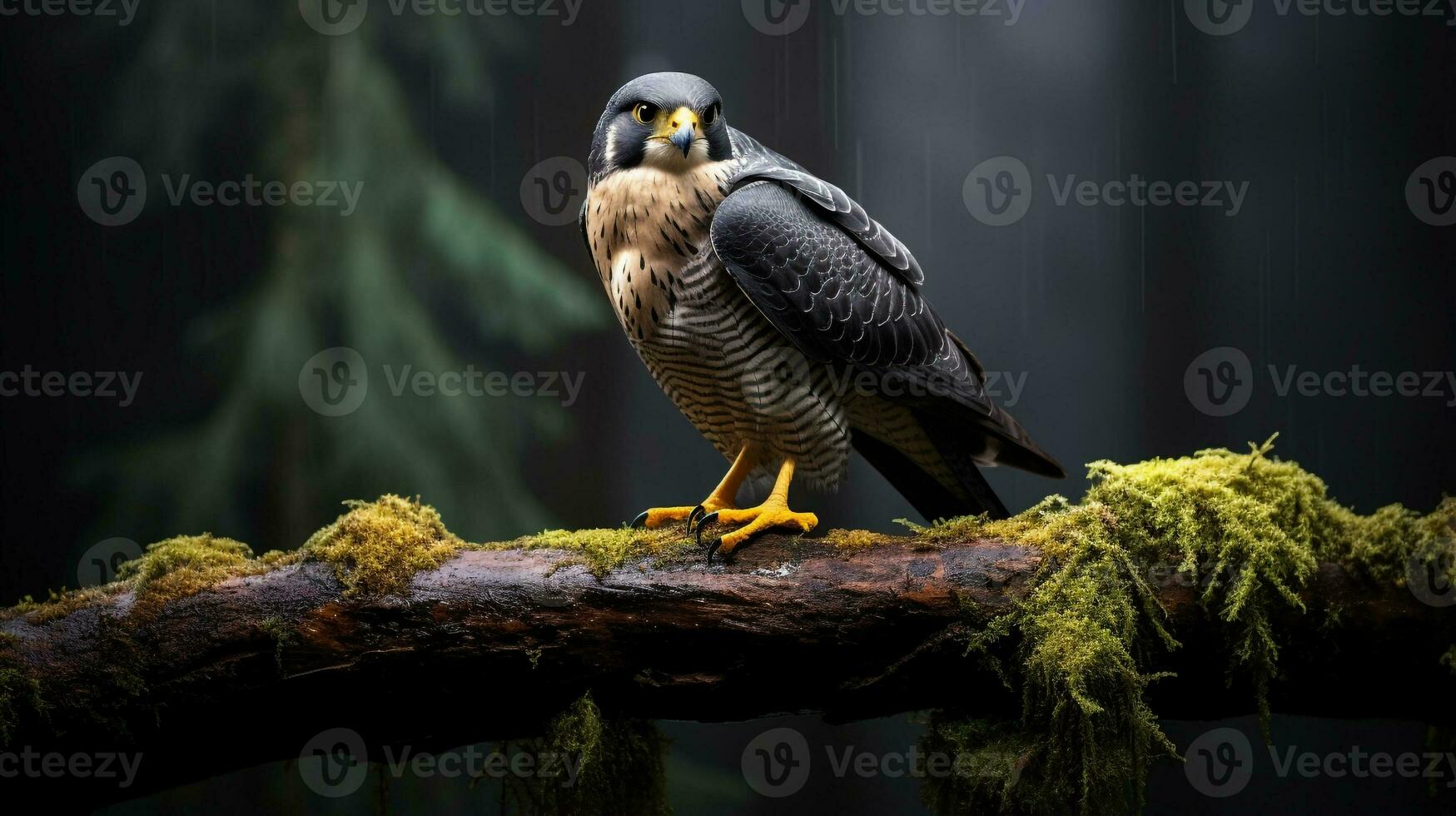 foto de un halcón peregrino halcón en pie en un caído árbol rama a Mañana. generativo ai