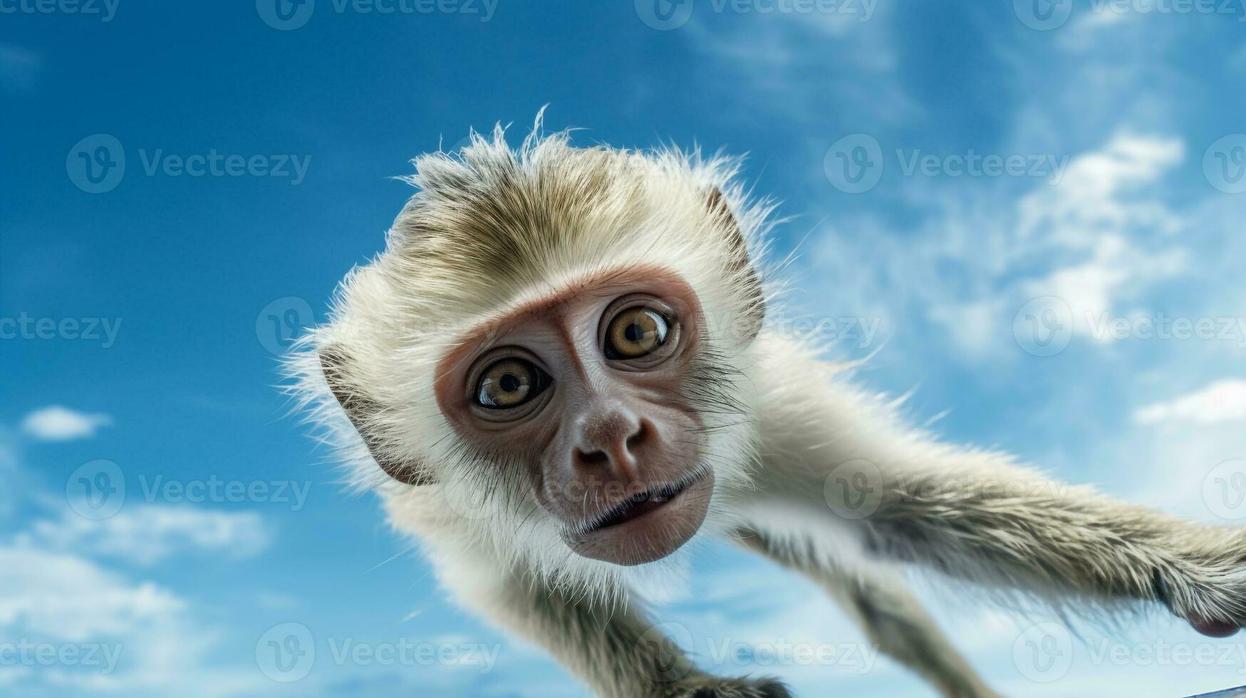 Photo of Monkey in ther forest with blue sky. Generative AI