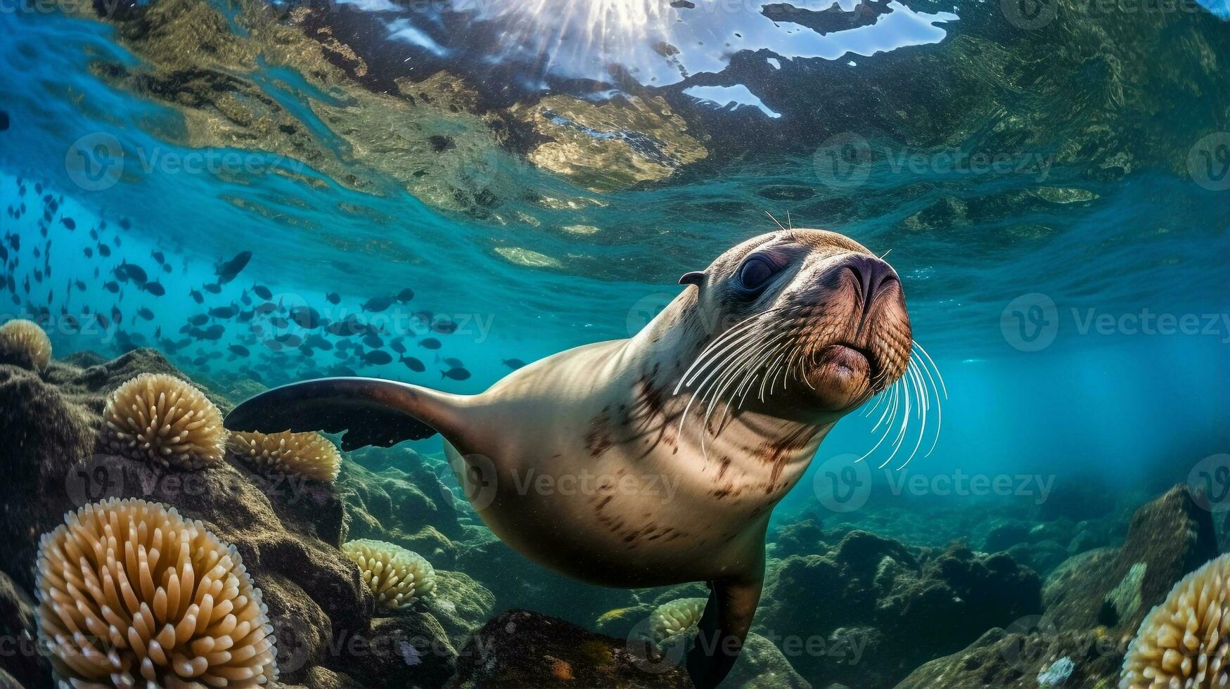 Photo of Sea Lion with various fish between healthy coral reefs in the blue ocean. Generative AI