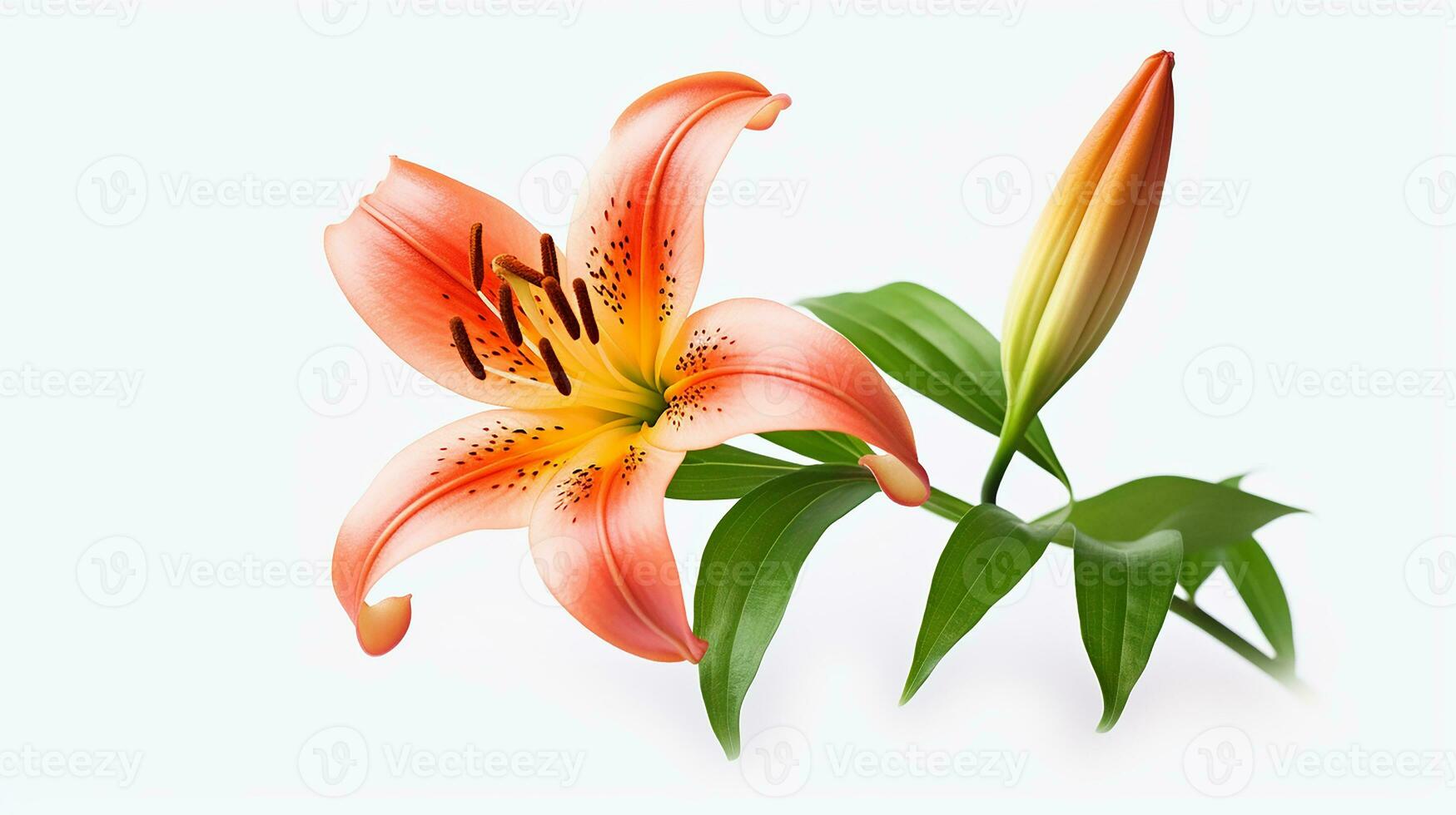Photo of beautiful Lilium flower isolated on white background. Generative AI