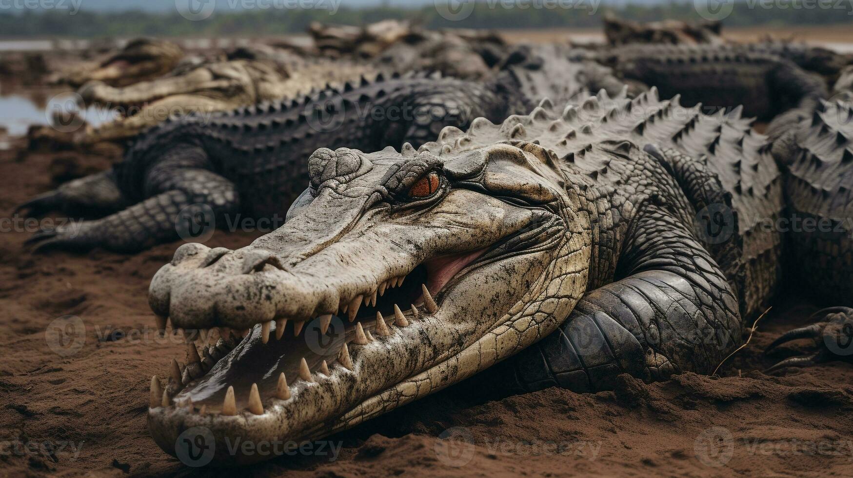 Photo of a herd of Nile Crocodile resting in an open area on the Savanna. Generative AI