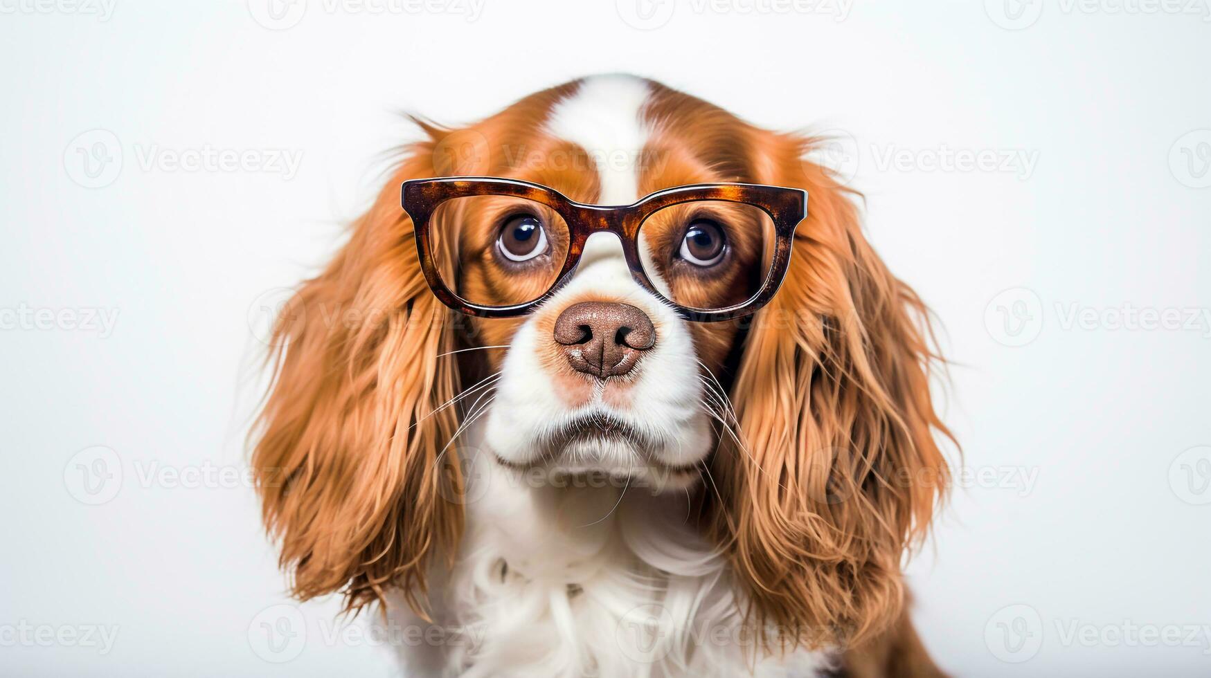 Photo of a Cavalier King Charles Spaniel dog using eyeglasses isolated on white background. Generative AI