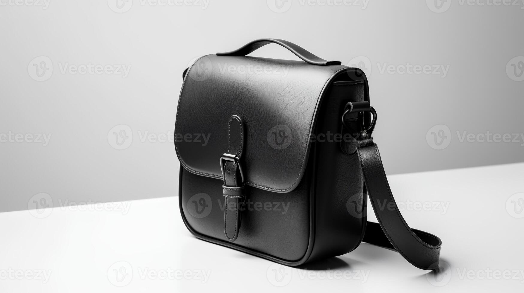 Photo of Minimalist black leather female bag isolated on white background. generative ai