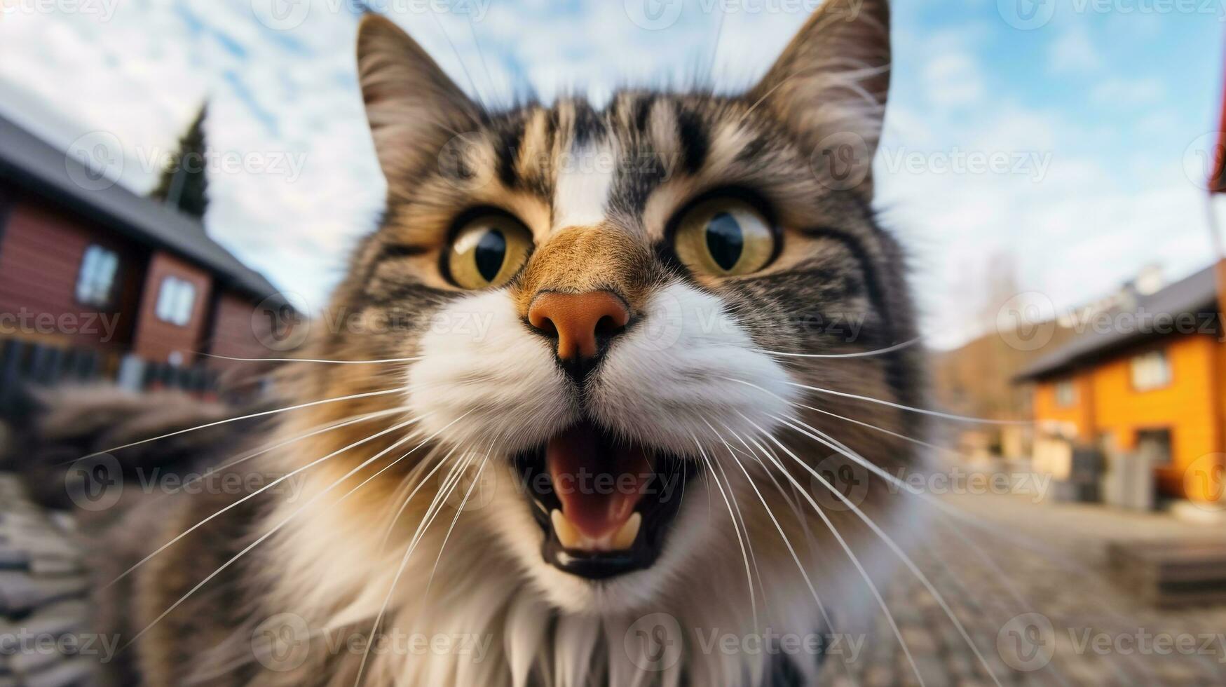Close-up Photo of a funny shocked Norwegian Forest Cat sticking out his tongue. Generative AI