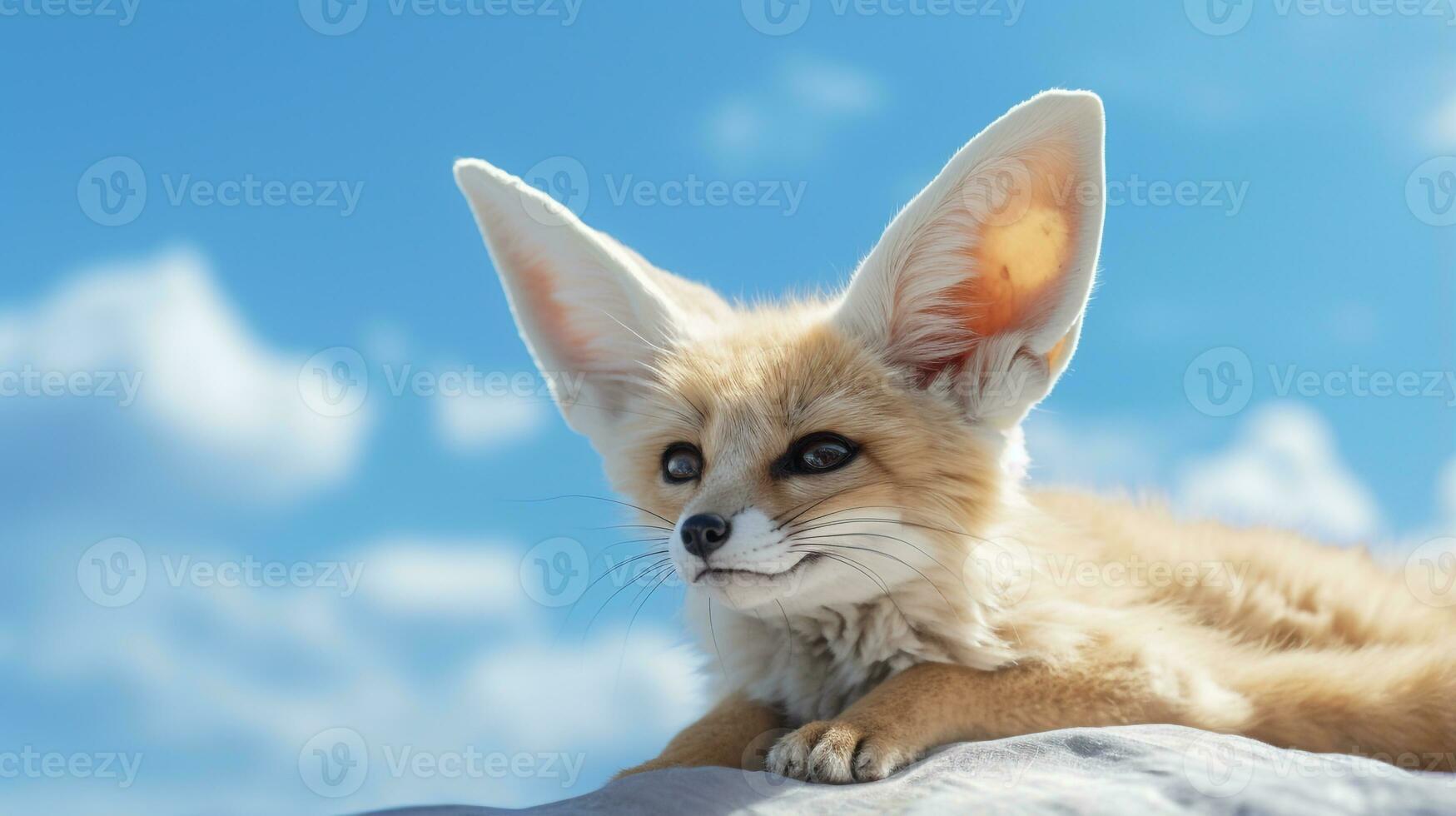 Photo of a Fennec Fox in a Desert with blue sky. Generative AI