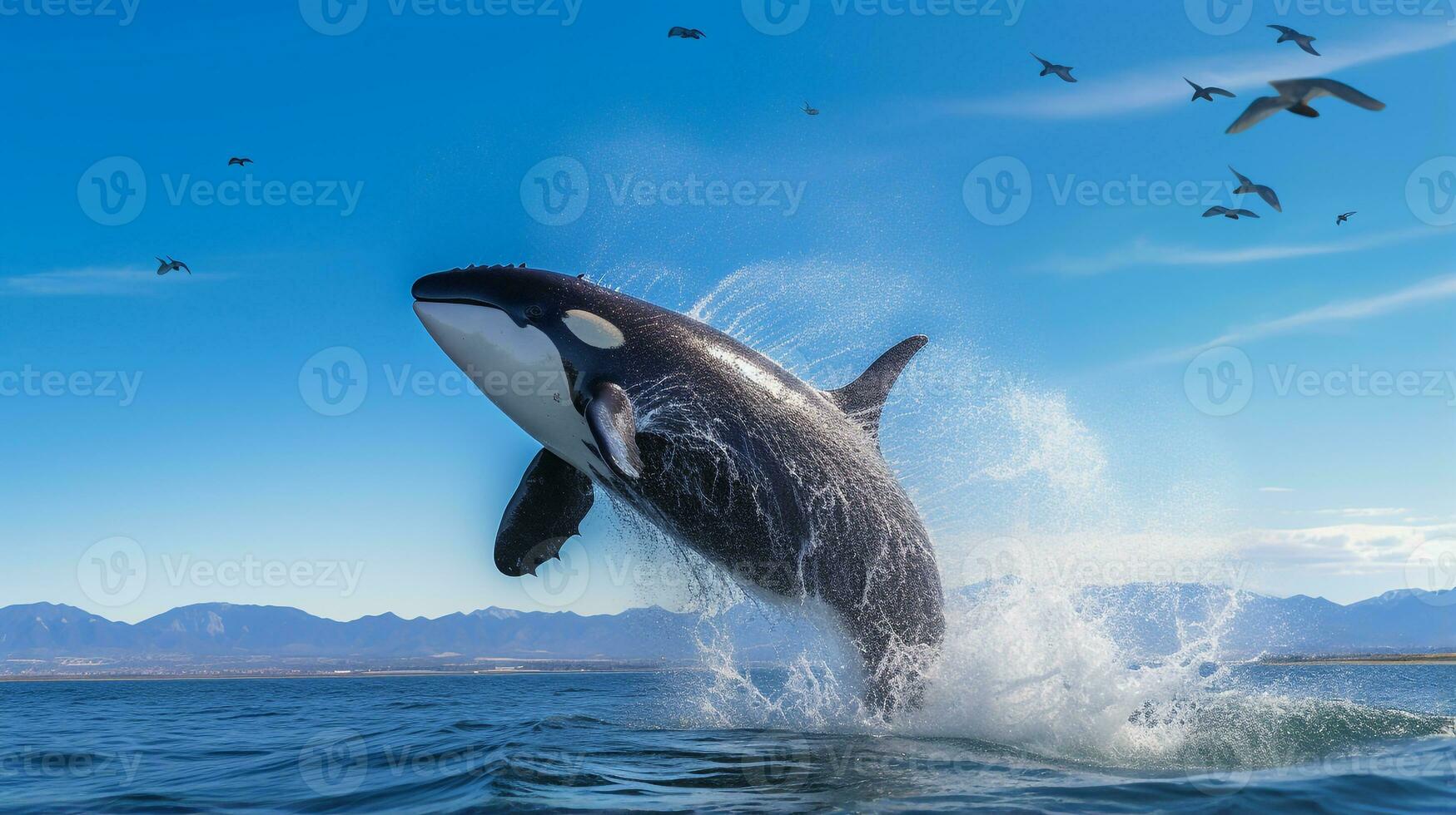 Photo of a Killer Whale under Blue Sky. Generative AI