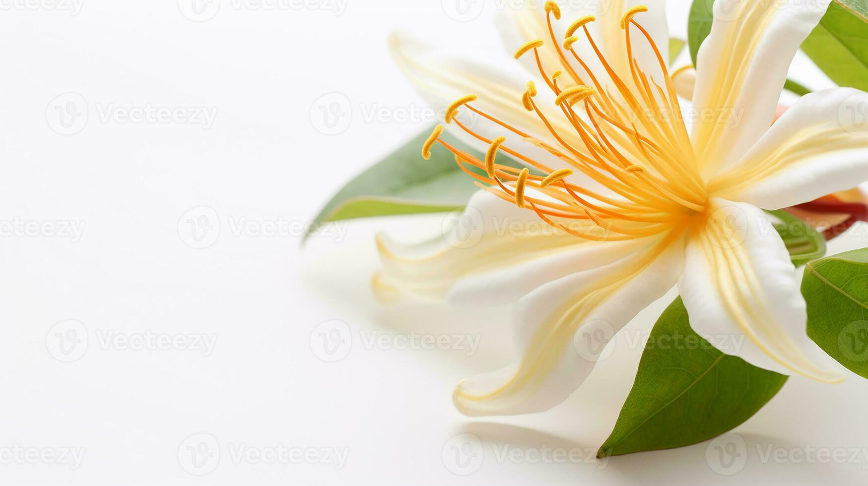 Photo of beautiful Honeysuckle flower isolated on white background. Generative AI