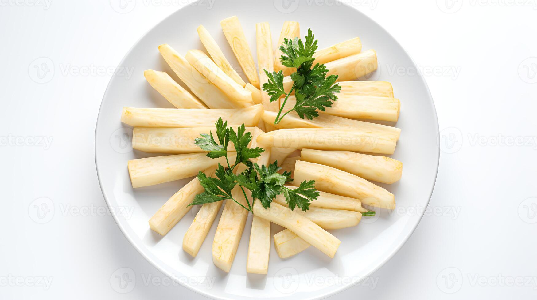 Photo of Parsnips sliced pieces on minimalist plate isolated on white background.