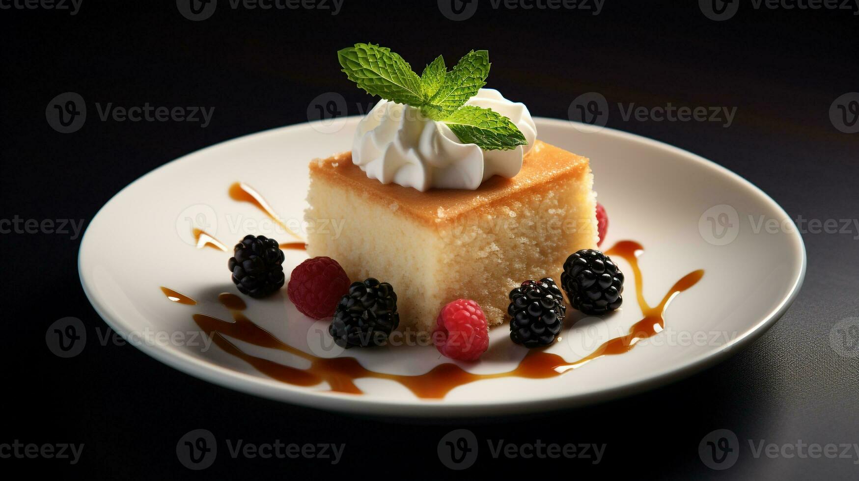 Photo of Tres Leches Cake as a dish in a high-end restaurant. Generative AI