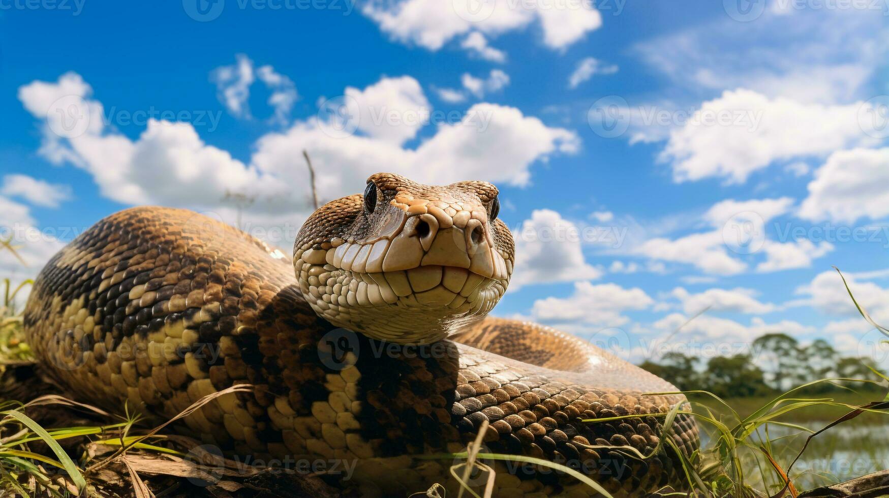 foto de un anaconda debajo azul cielo. generativo ai