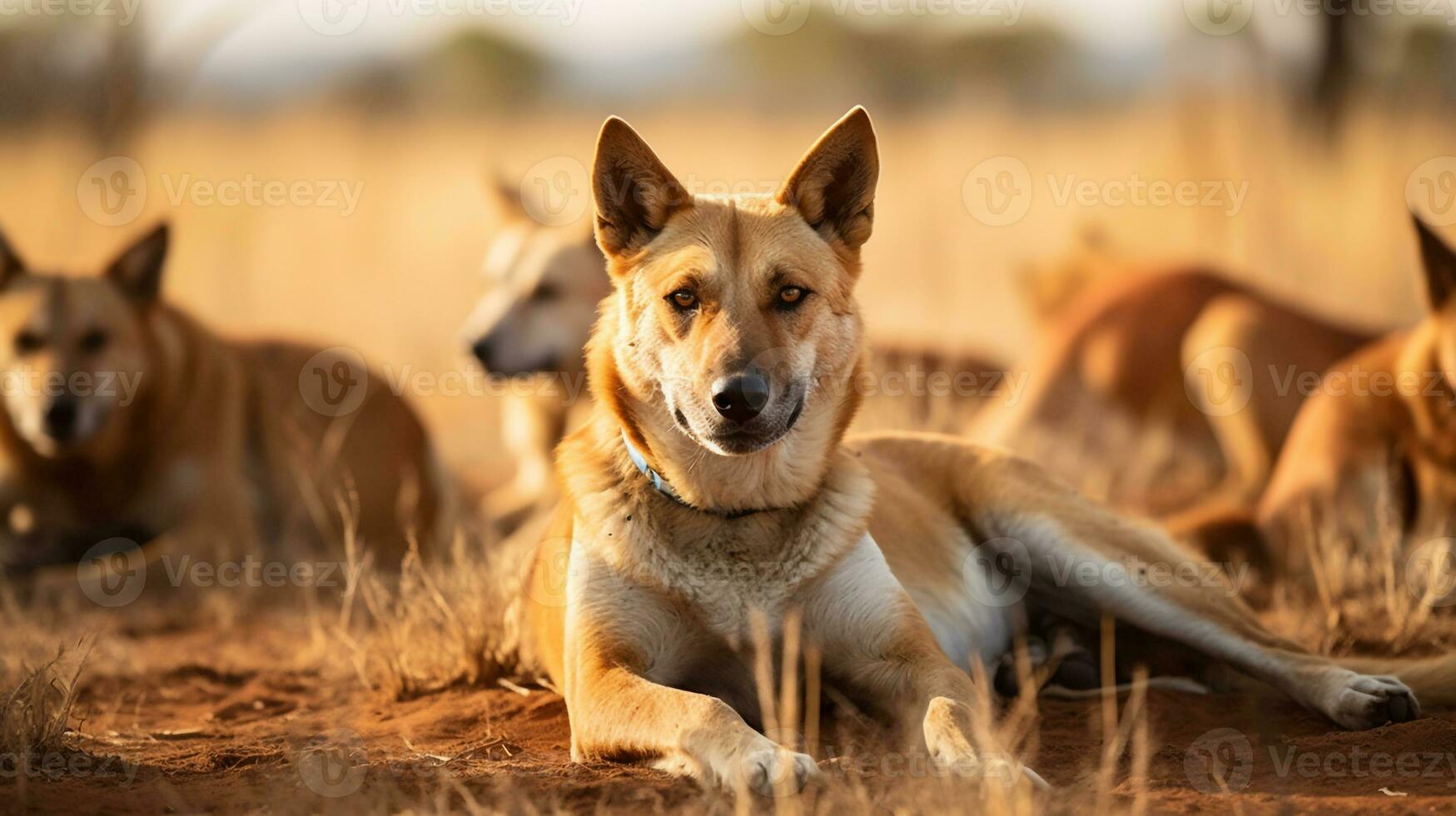 Photo of a herd of Dingo resting in an open area on the Savanna. Generative AI