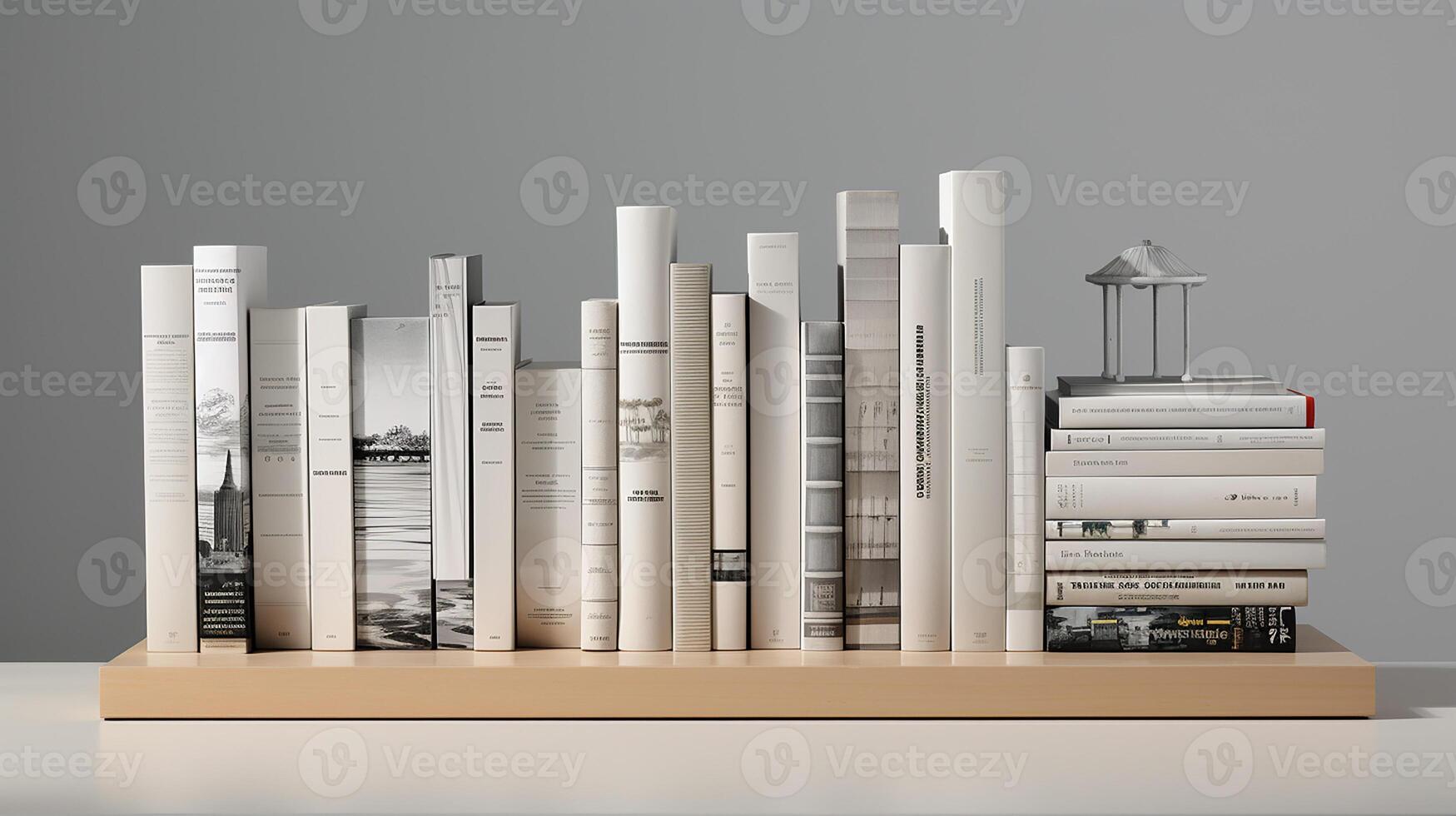 3d rendering of a book shelf with books in front of grey background. Generative AI photo