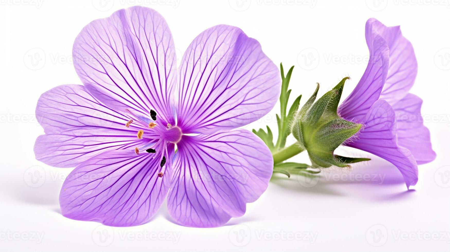 Photo of beautiful Cranesbill flower isolated on white background. Generative AI