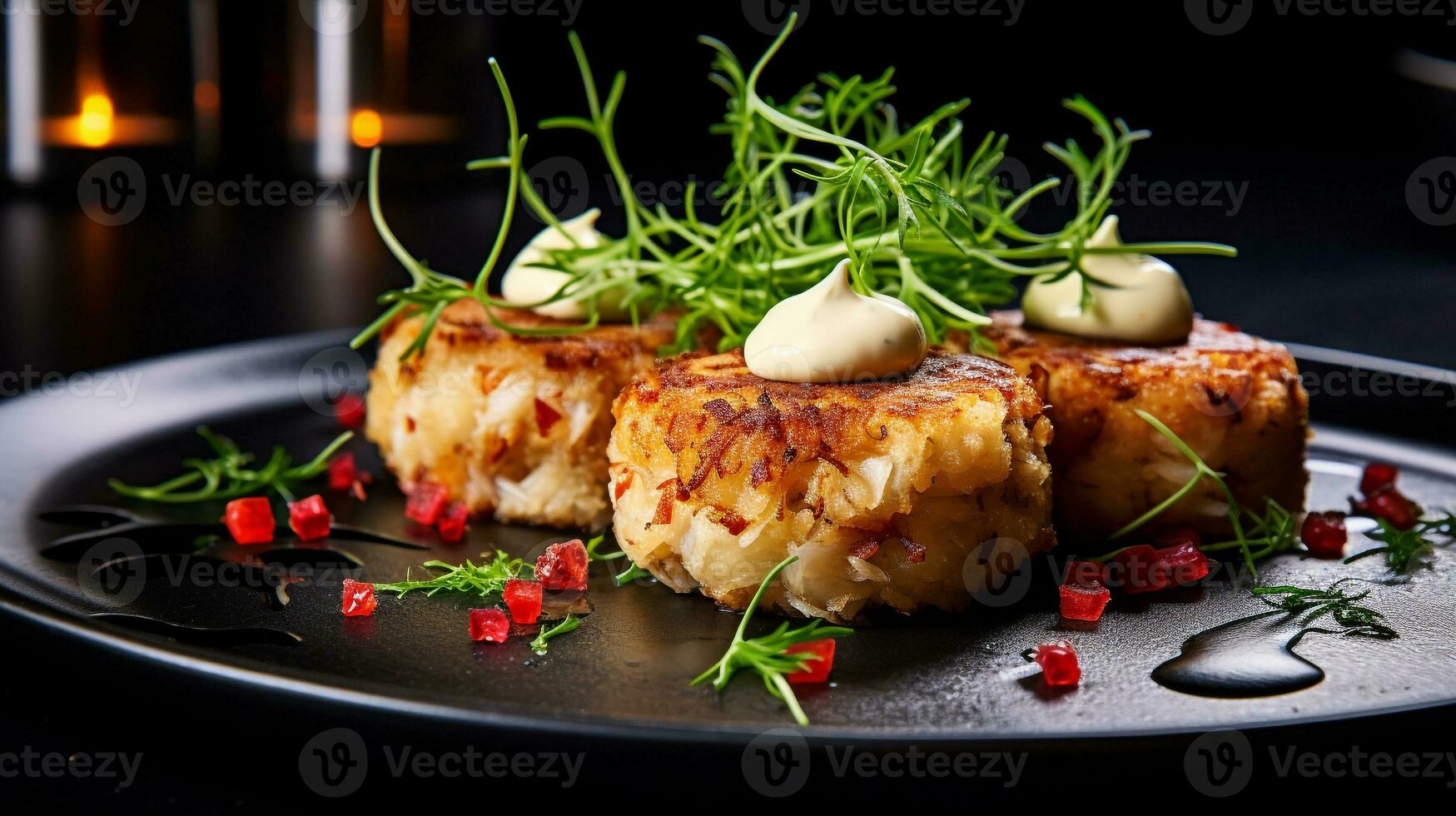 Photo of Crab Cakes as a dish in a high-end restaurant. Generative AI