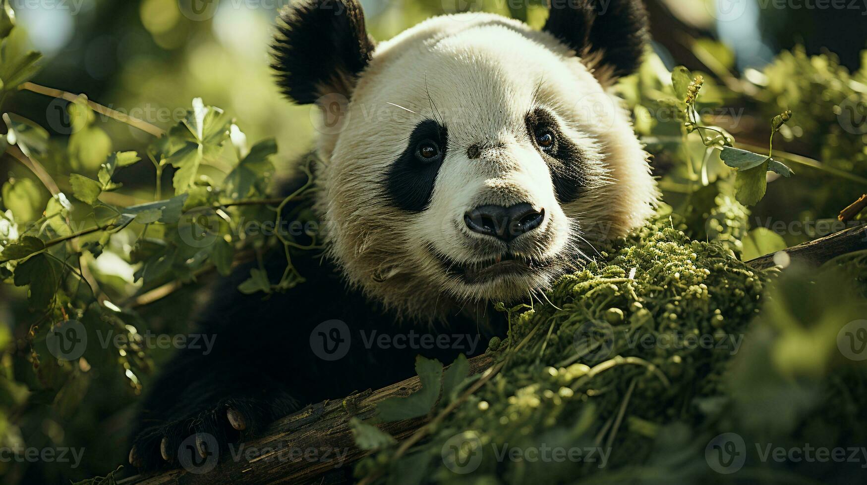 de cerca foto de un panda mirando ninguna dirección en selva. generativo ai