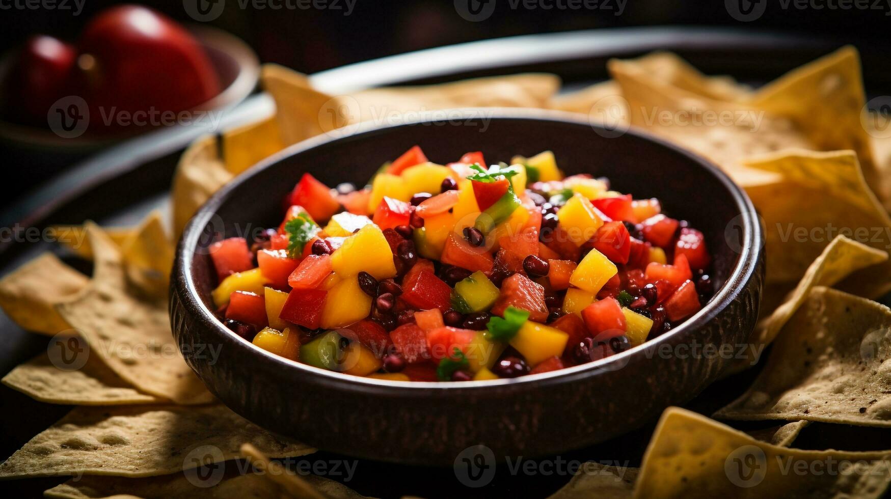 Photo of Fruit Salsa with Cinnamon Chips as a dish in a high-end restaurant. Generative AI