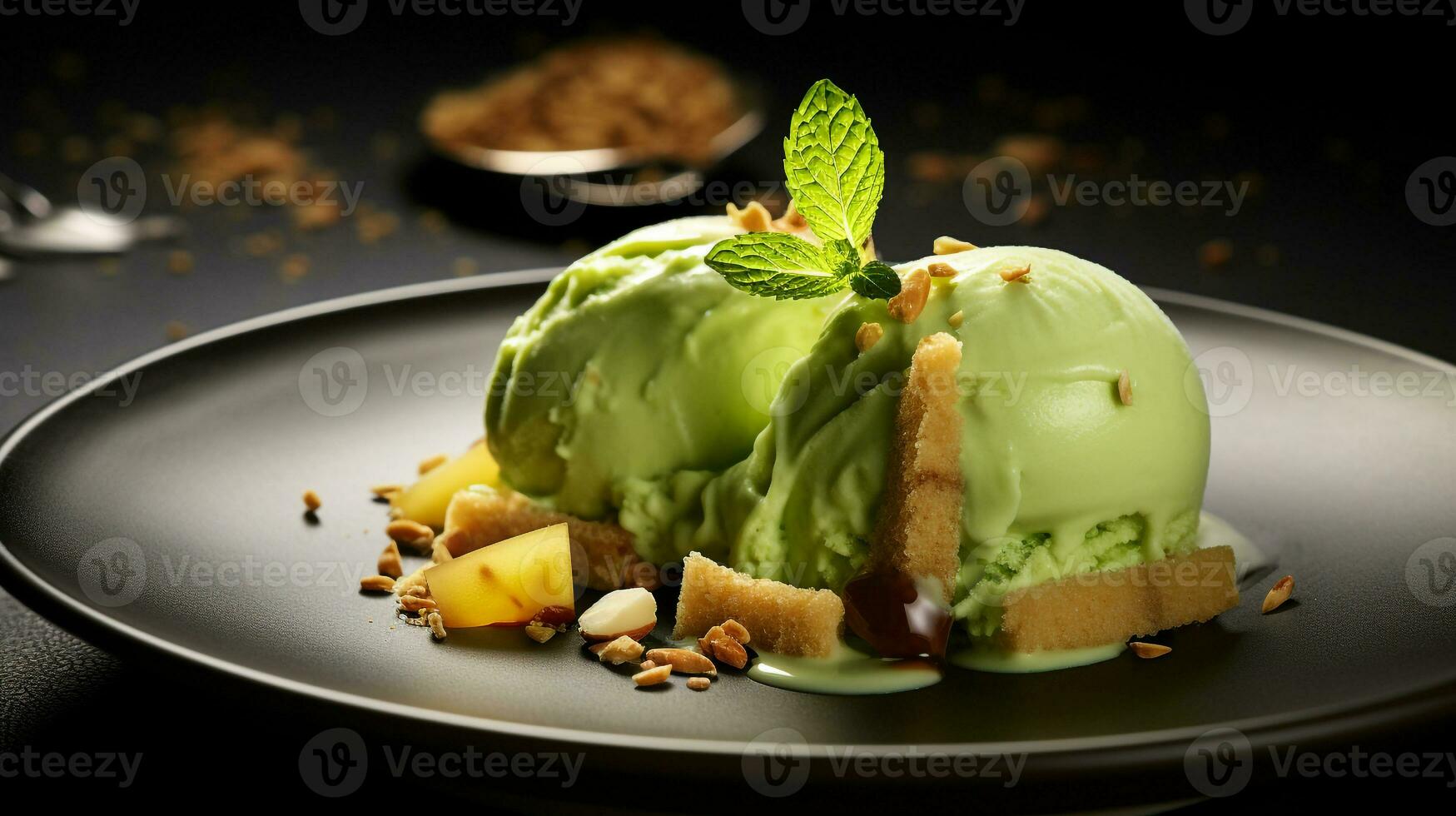 Photo of Pistachio Gelato as a dish in a high-end restaurant. Generative AI