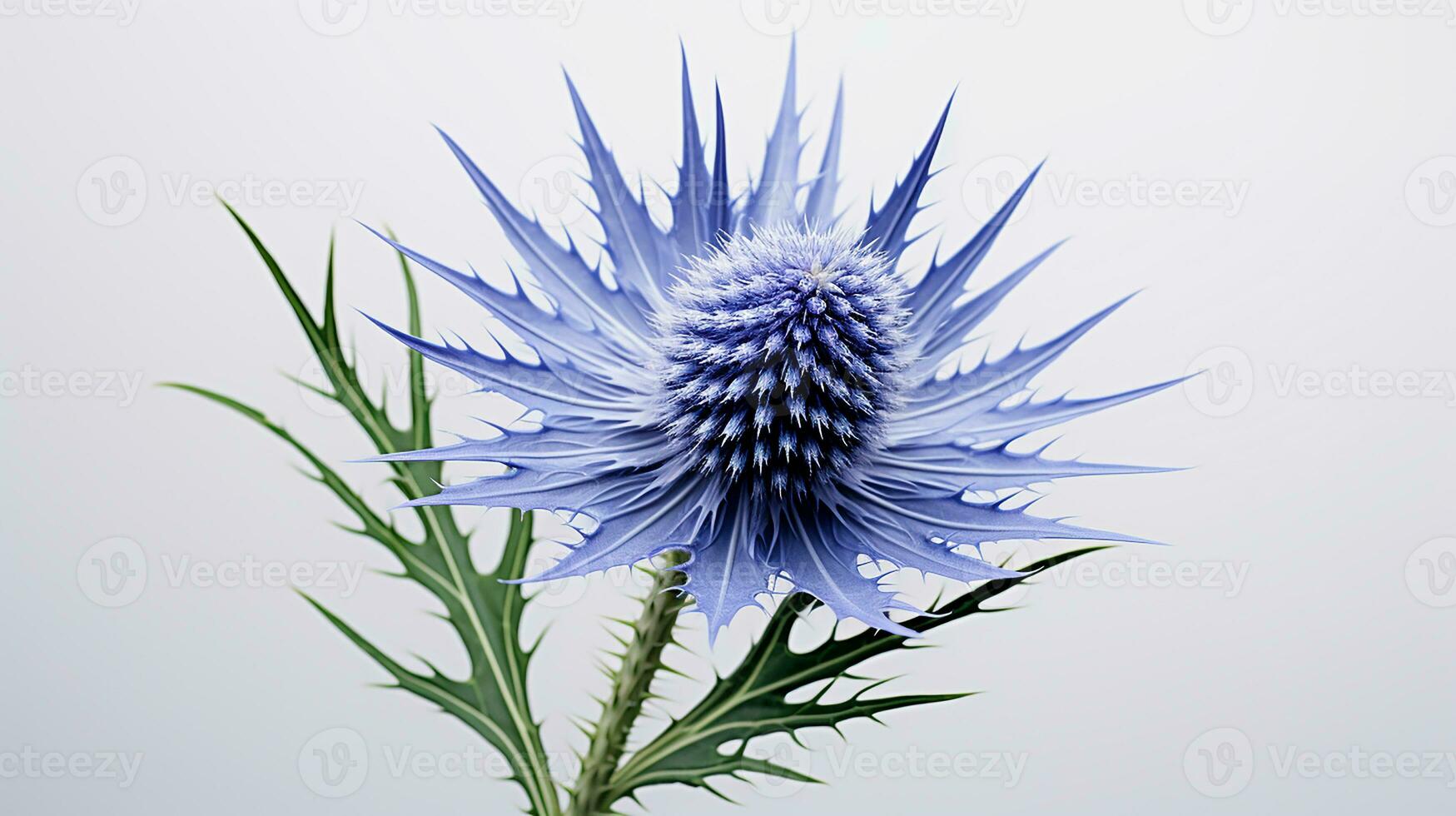 Photo of beautiful Sea Holly flower isolated on white background. Generative AI