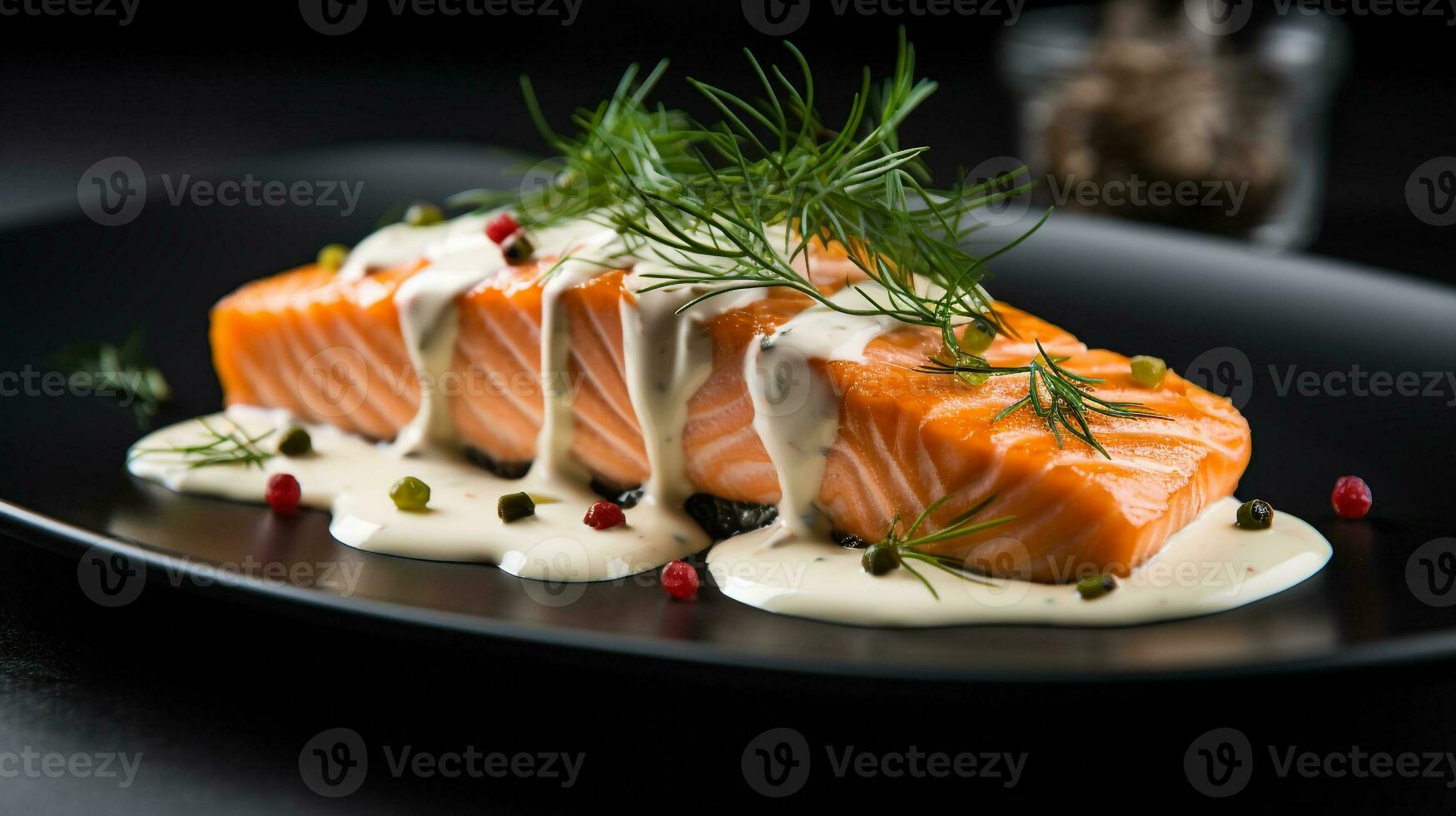 foto de salmón con eneldo salsa como un plato en un gama alta restaurante. generativo ai