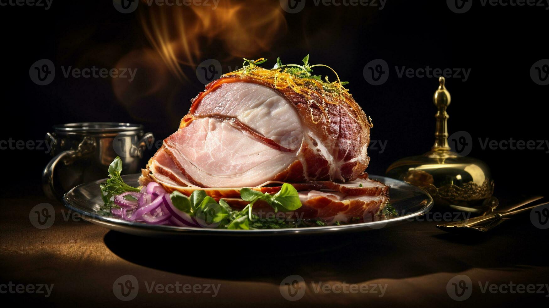 Photo of Baked Ham as a dish in a high-end restaurant. Generative AI
