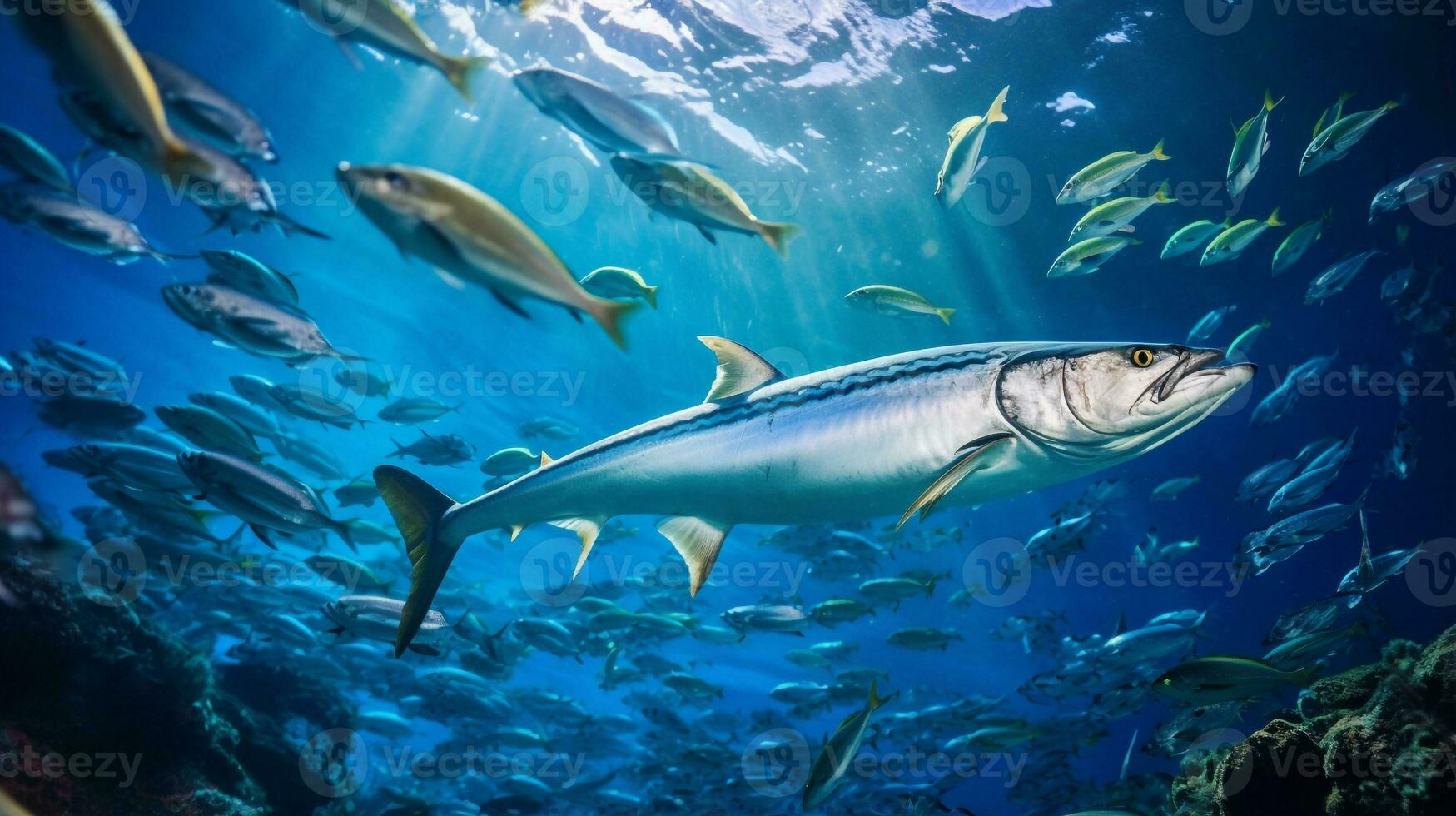 Photo of Barracuda with various fish between healthy coral reefs in the blue ocean. Generative AI