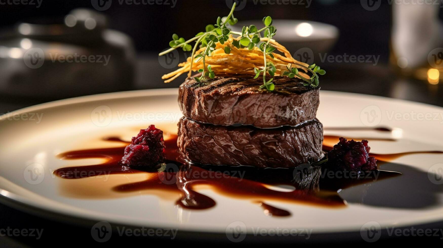 Photo of Beef Tenderloin with Red Wine Sauce as a dish in a high-end restaurant. Generative AI