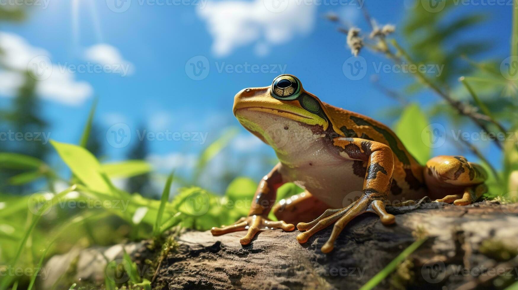 Photo of Frog in ther forest with blue sky. Generative AI