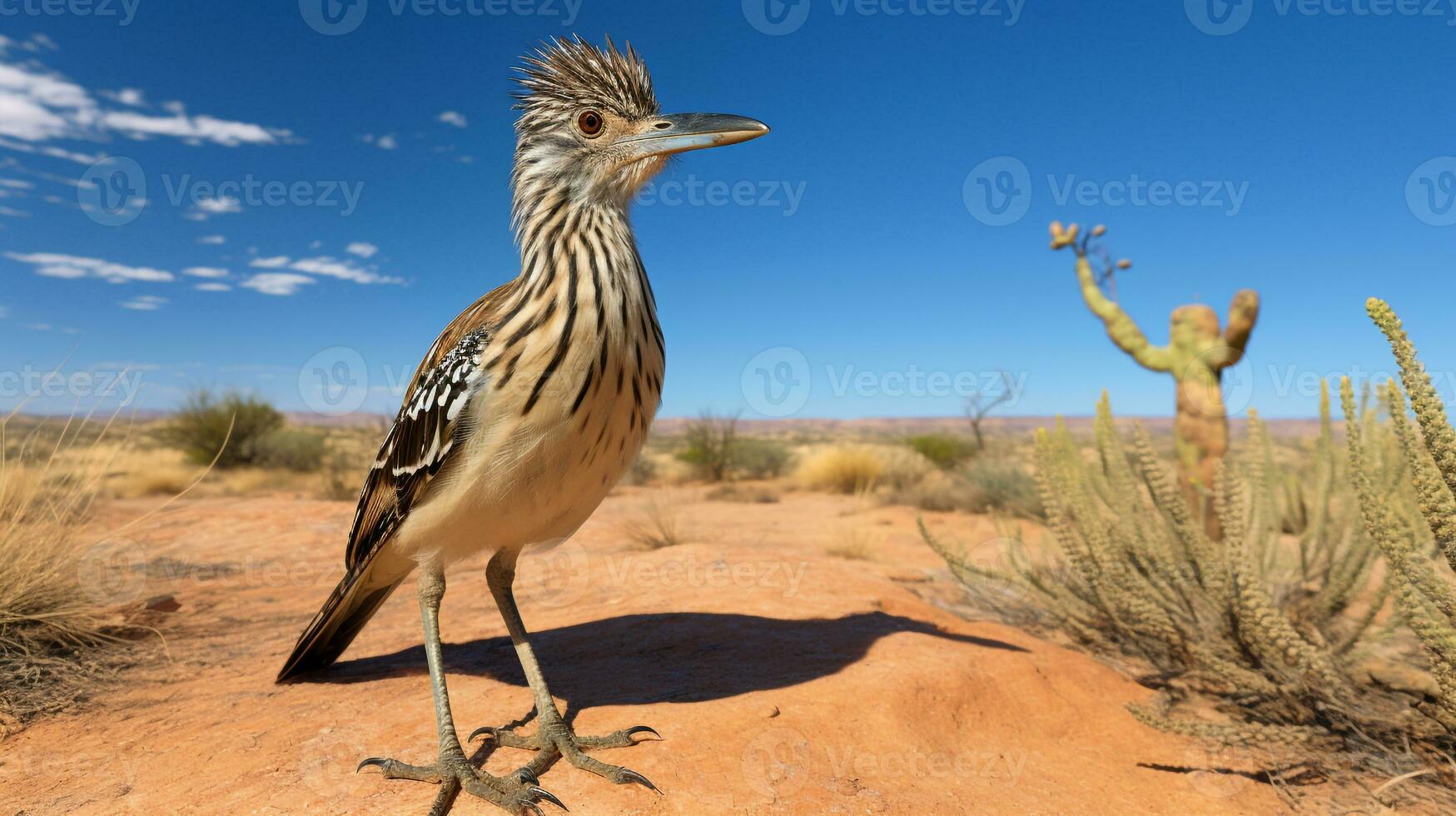 Photo of a Roadrunner in a Desert with blue sky. Generative AI